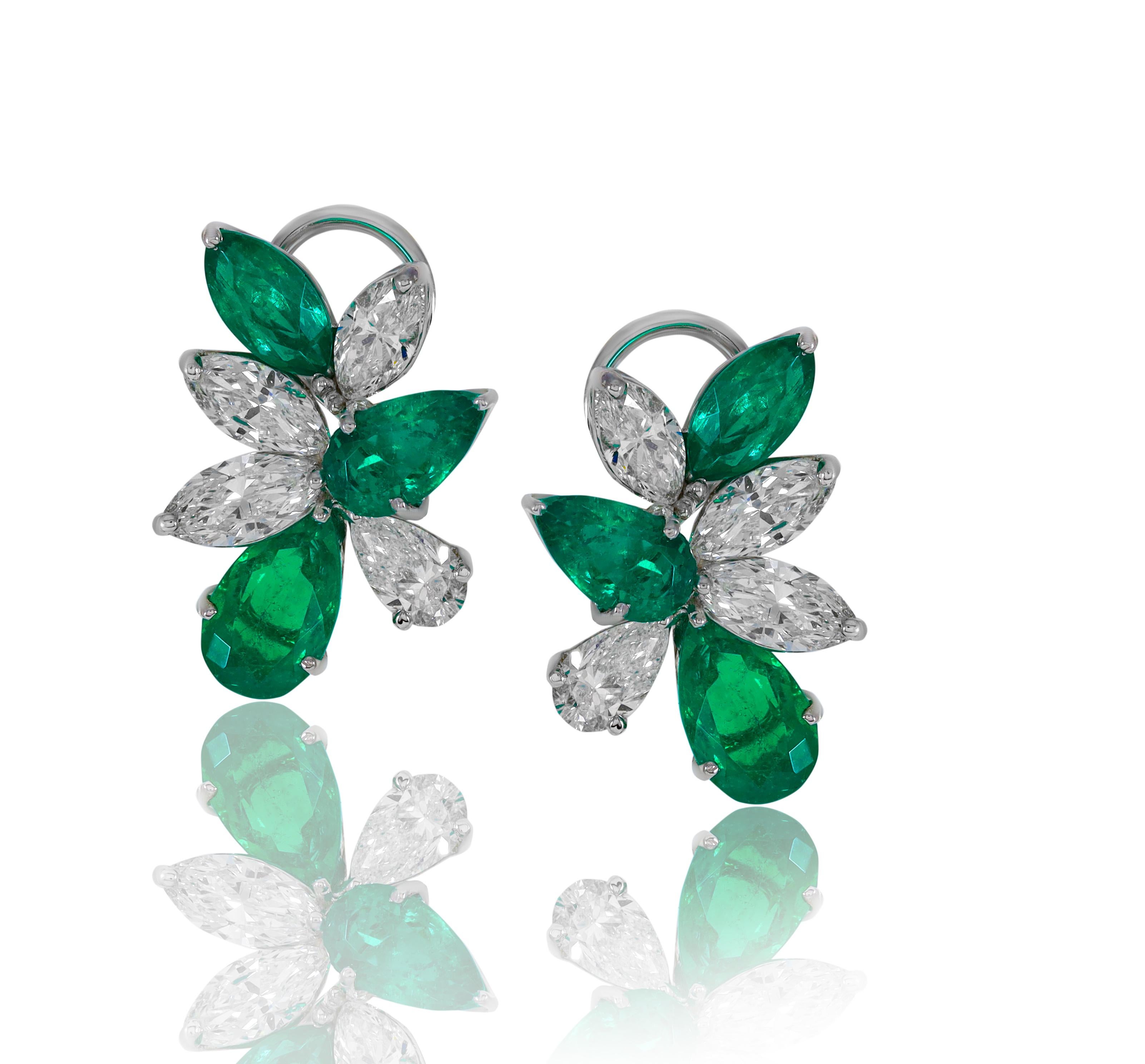 Platinum Colombian Emerald And Diamond Earrings Marquise And Pear Shape Emeralds 6.71cts And Marquise And Pear Shape Diamonds 4.01cts.
