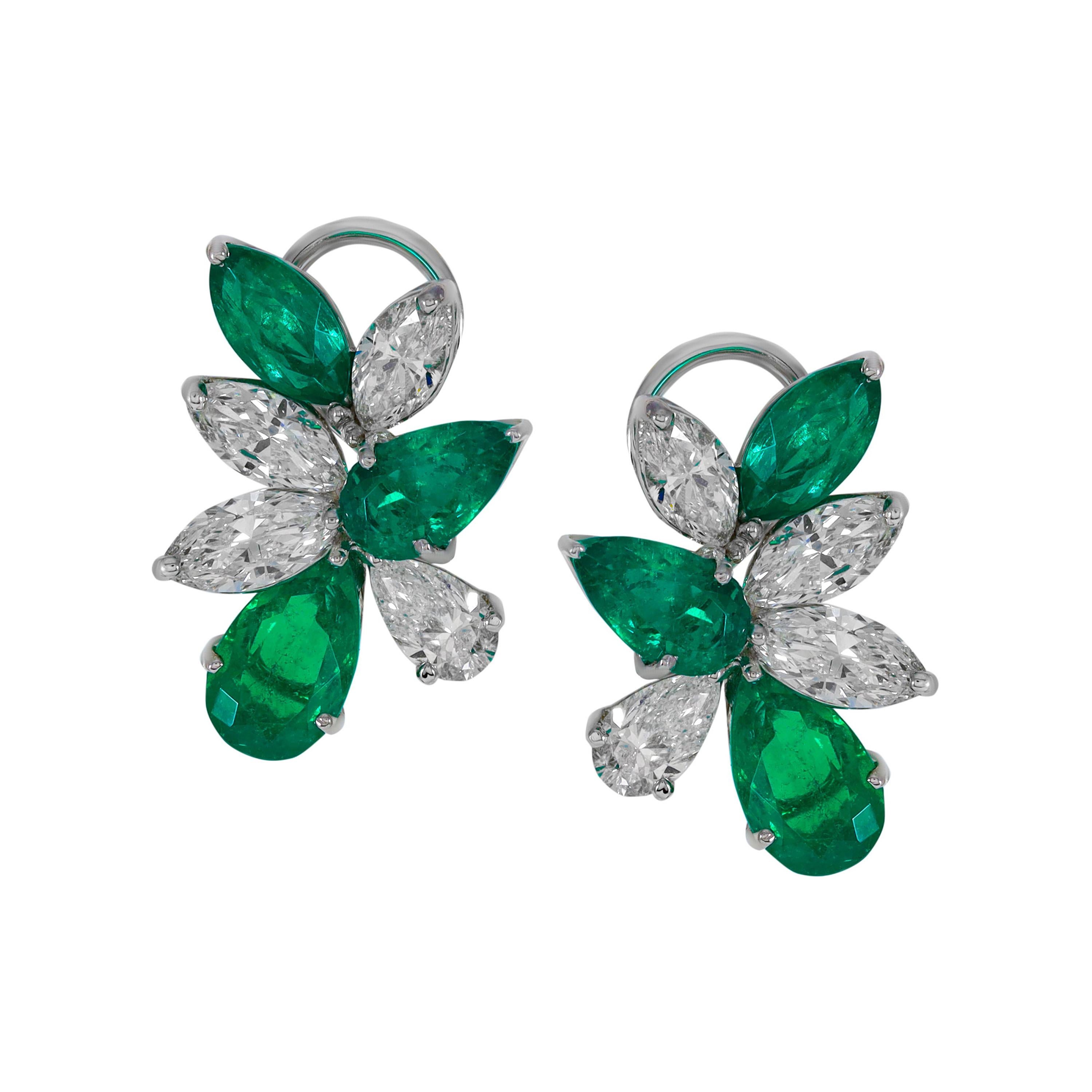 Platinum Colombian Pear Shape 6.71cts Emerald with Diamond Earrings Marquise For Sale