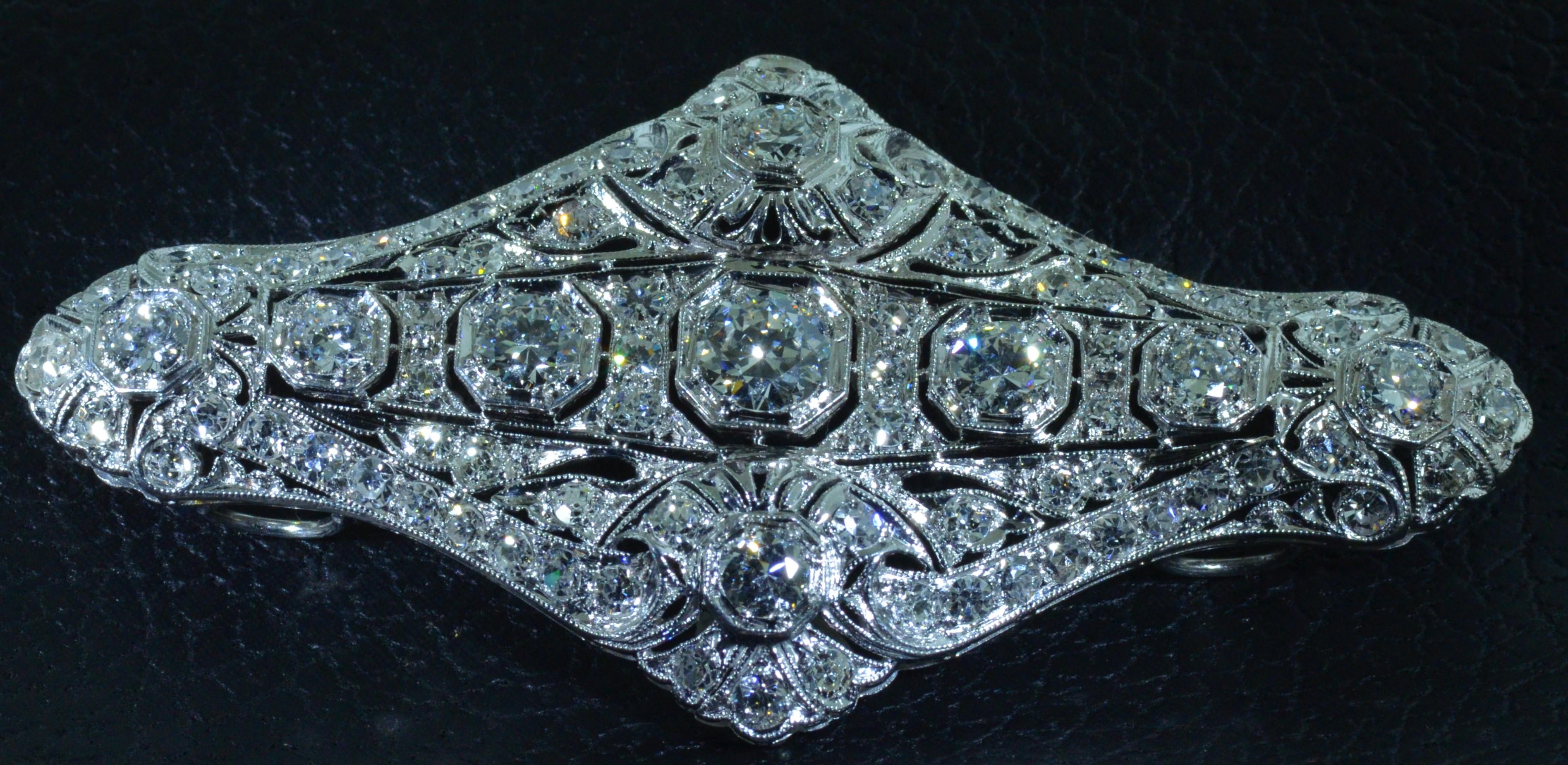 Old European Cut Platinum Converted Brooch Filigree Pendant with 5.30 Carat of Diamonds For Sale