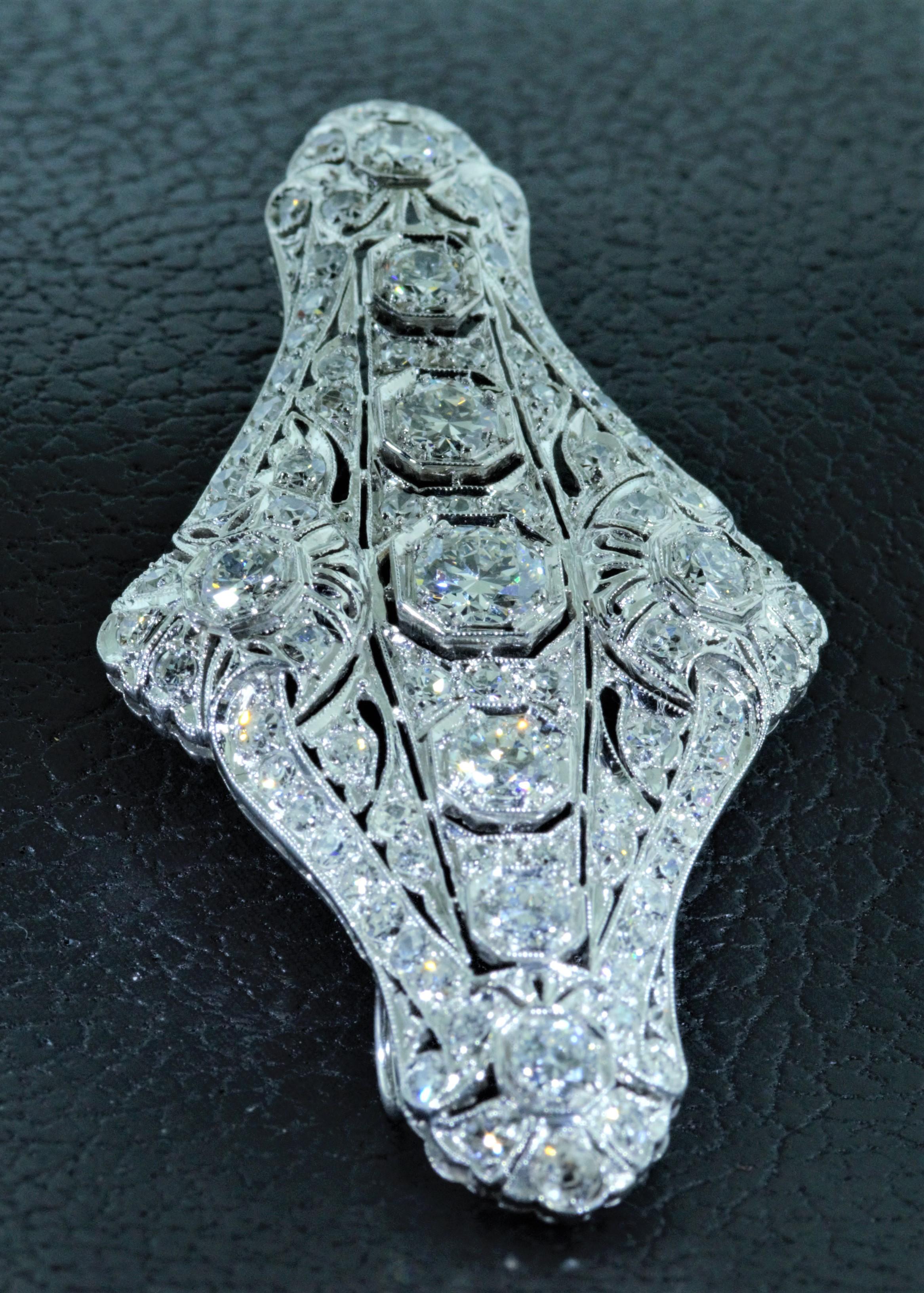 Platinum Converted Brooch Filigree Pendant with 5.30 Carat of Diamonds In Excellent Condition For Sale In Warrington, PA