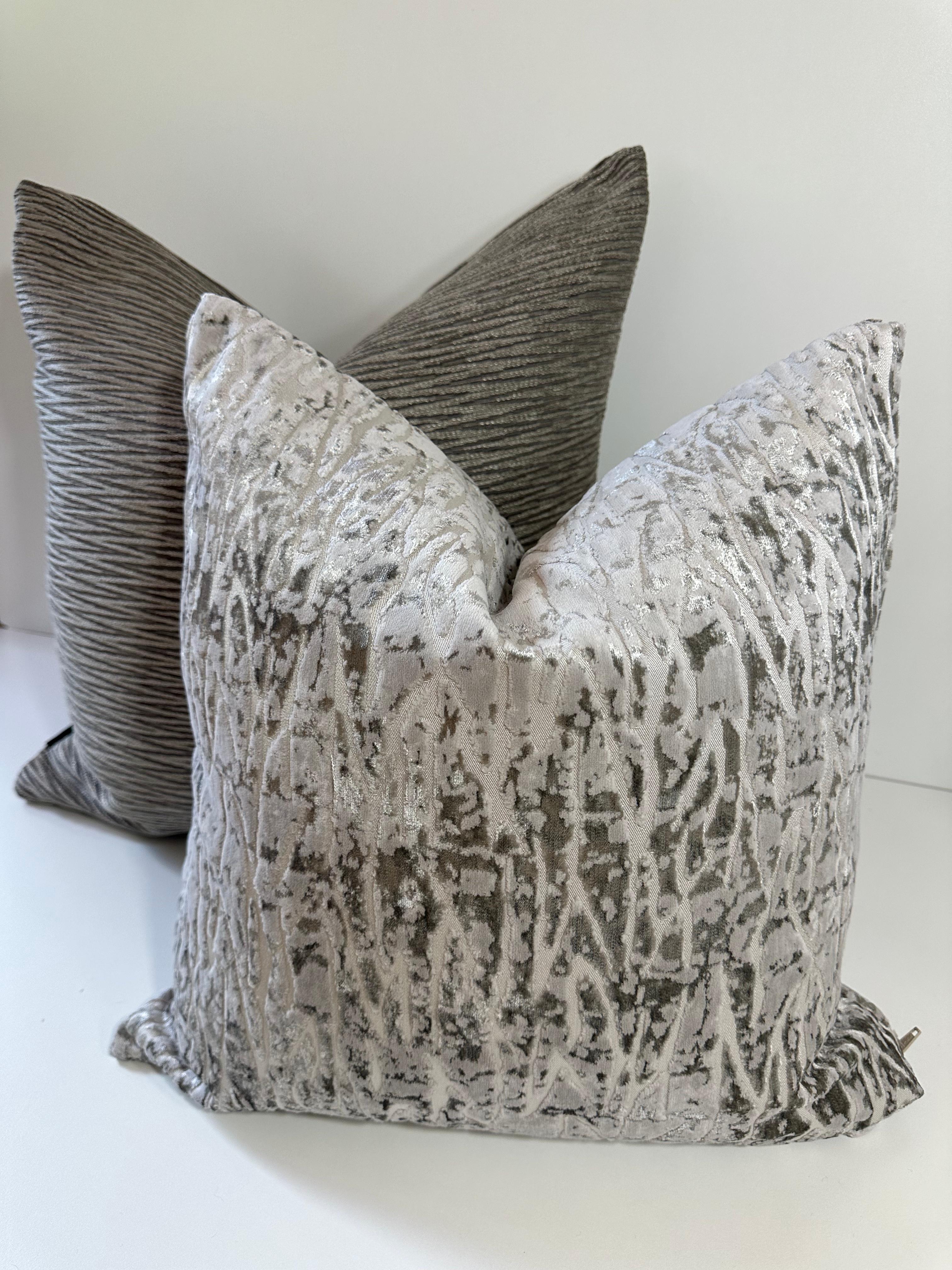 Modern Platinum/silver throw pillow in textured velvets- Platinum Coral- by Mar de Doce For Sale