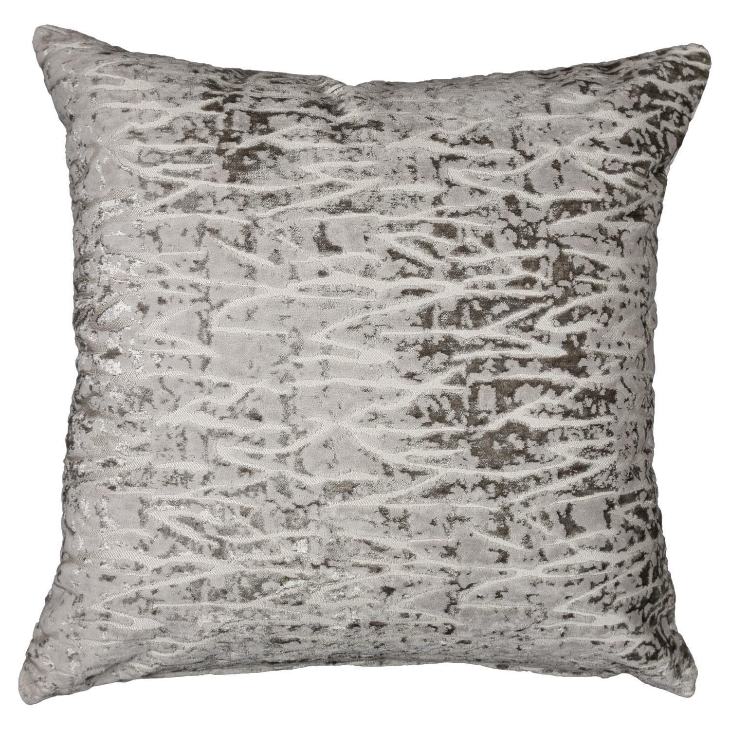 Platinum/silver throw pillow in textured velvets- Platinum Coral- by Mar de Doce For Sale