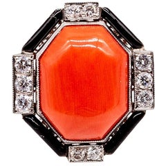 Platinum Coral Diamond Black Enamel Ring