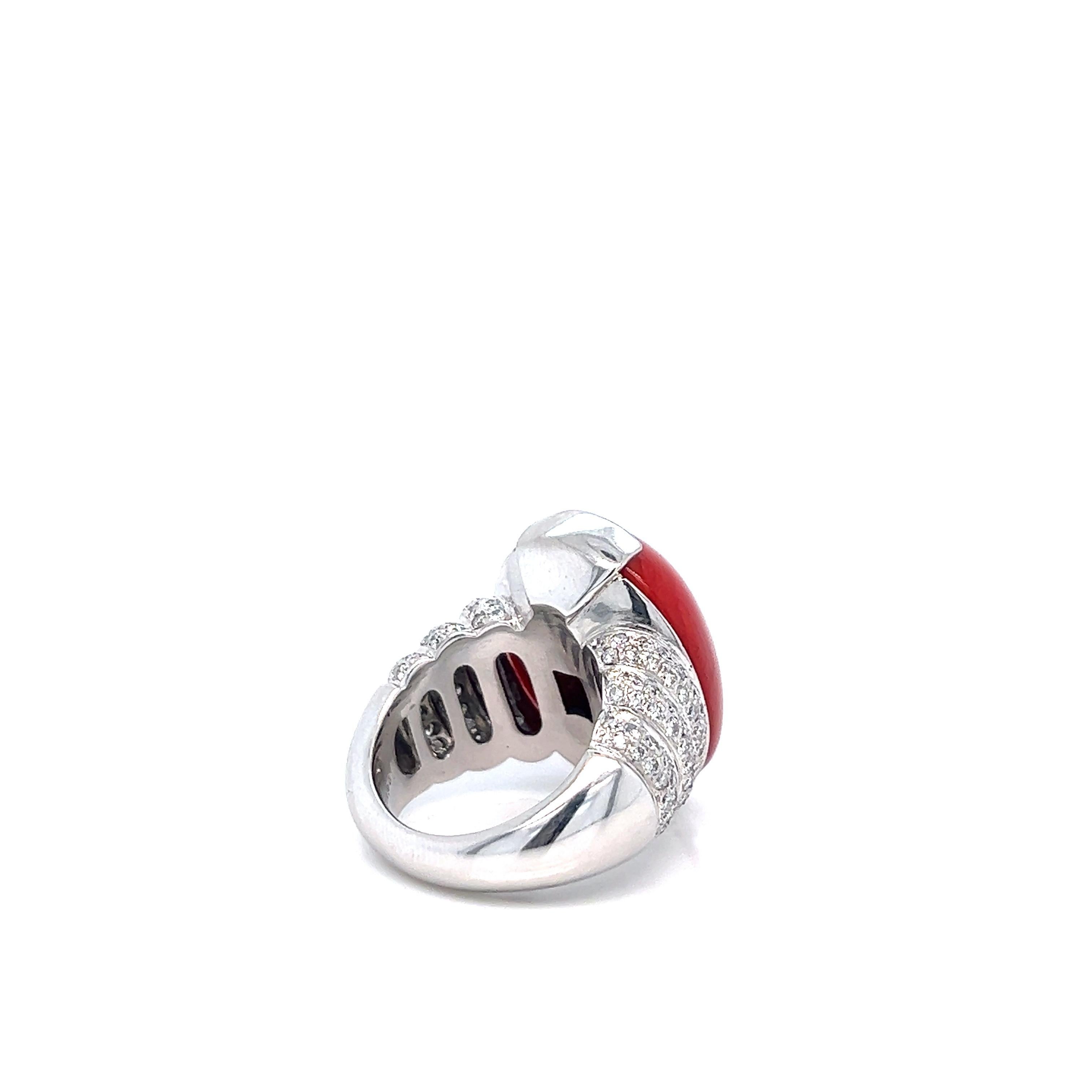 Platinum Coral Diamond Ring In Excellent Condition For Sale In New York, NY