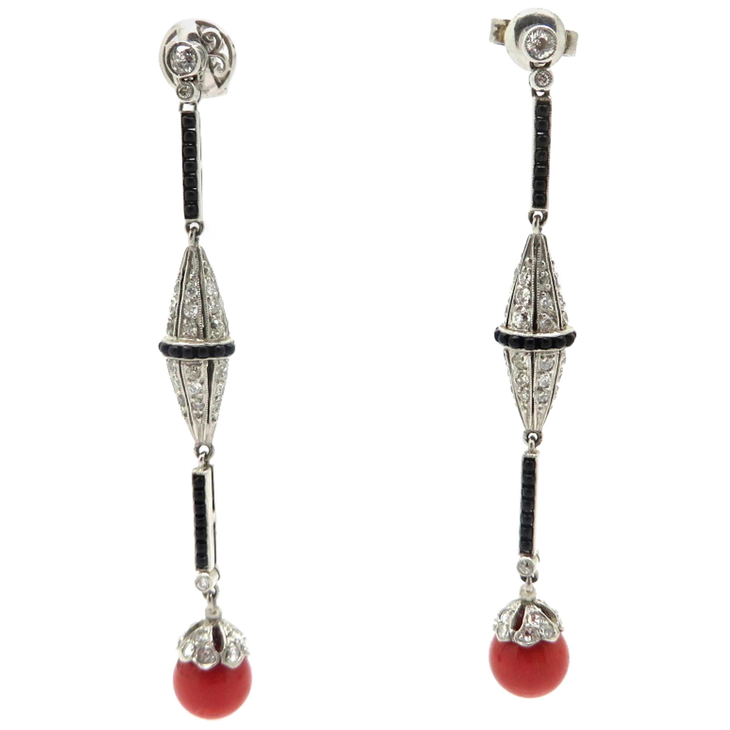 Platinum Coral, Onyx and Old Mine Cut Diamond Art Deco Style Dangle Earrings For Sale