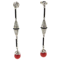 Platinum Coral, Onyx and Old Mine Cut Diamond Art Deco Style Dangle Earrings