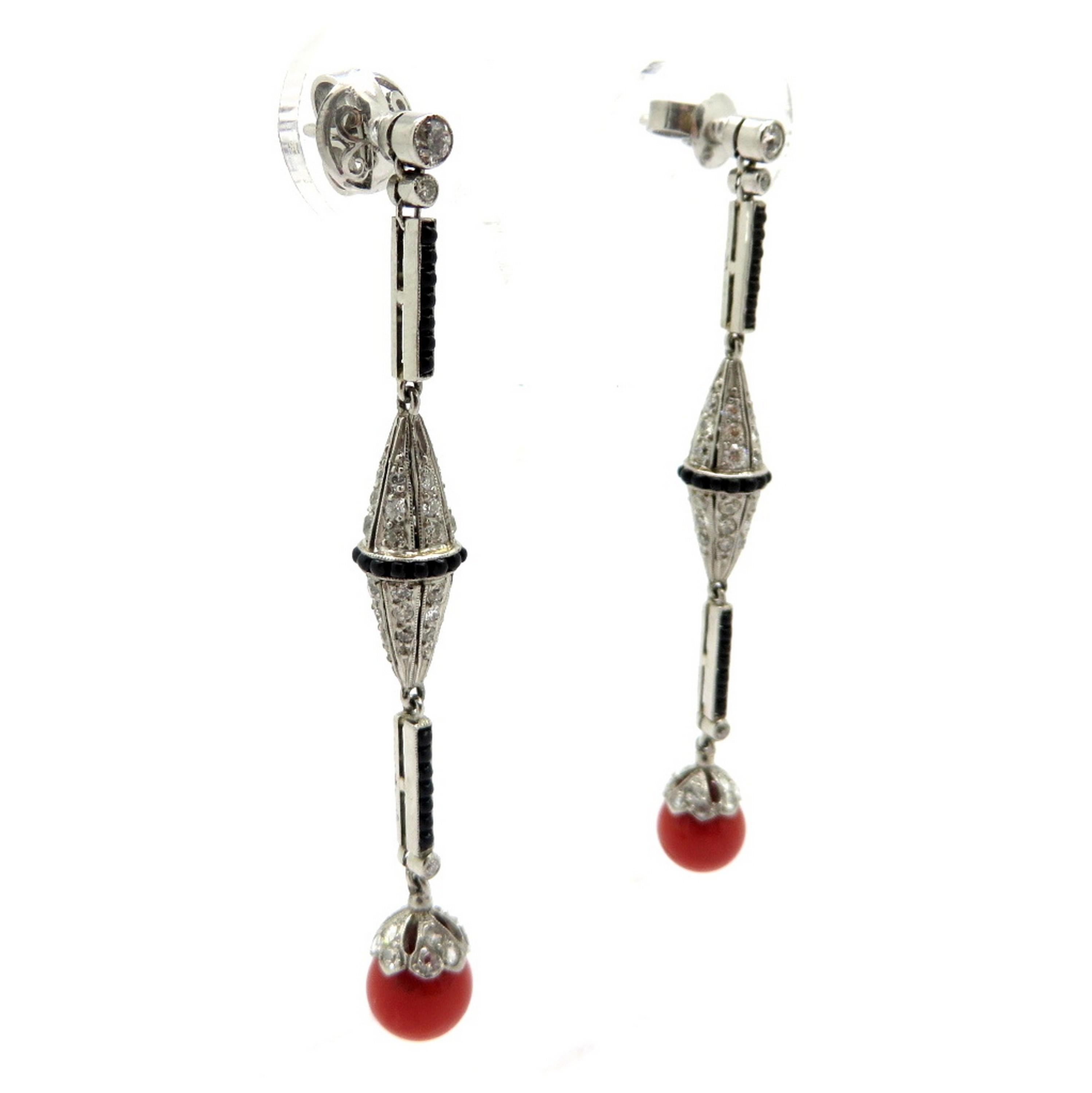 Women's Platinum Coral, Onyx and Old Mine Cut Diamond Art Deco Style Dangle Earrings For Sale