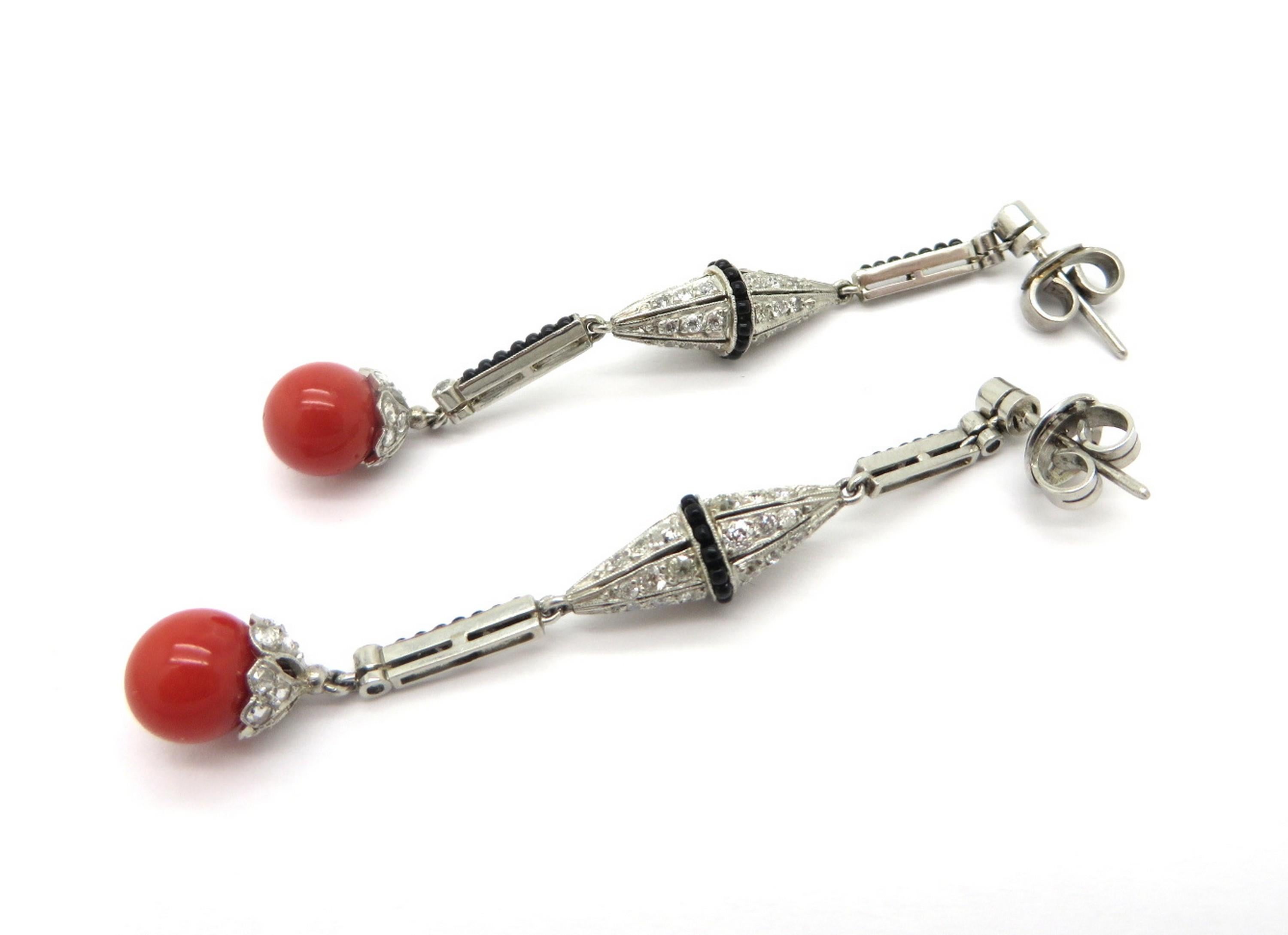 Platinum Coral, Onyx and Old Mine Cut Diamond Art Deco Style Dangle Earrings For Sale 1