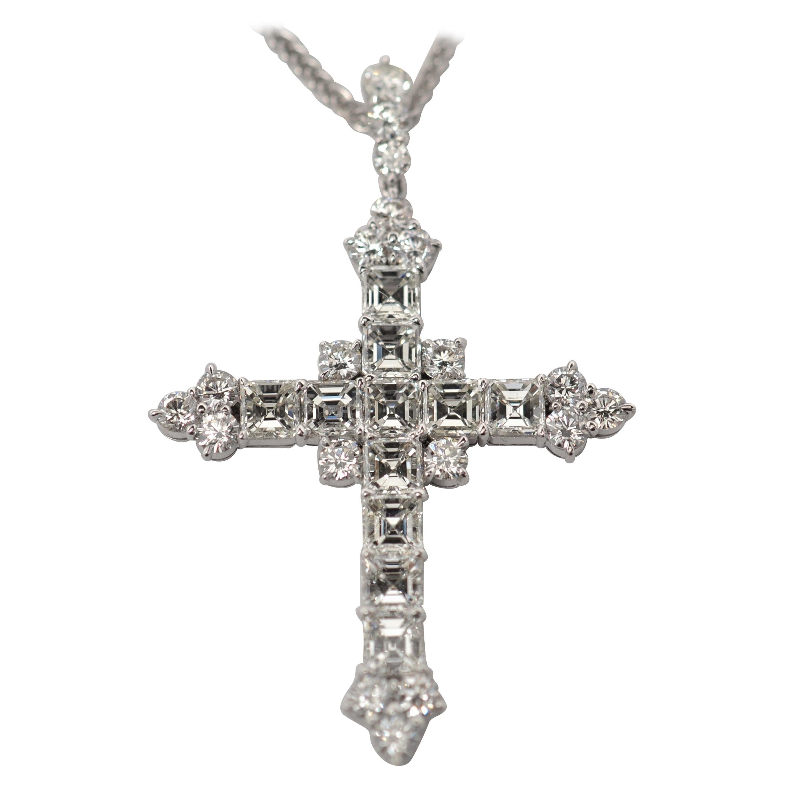 Platinum Cross Necklace with Asscher and Round Brilliant Cut Diamonds, 5.20ct For Sale
