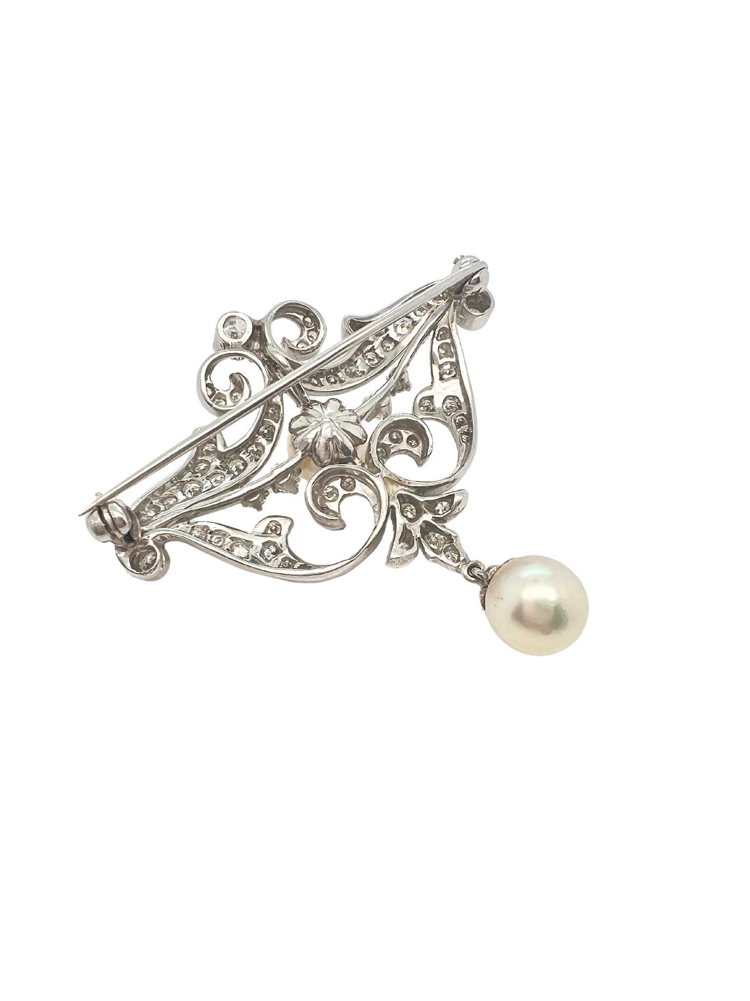 Colgante-Broche de Platino, Perlas Cultivadas y Diamantes Corte de bola en venta