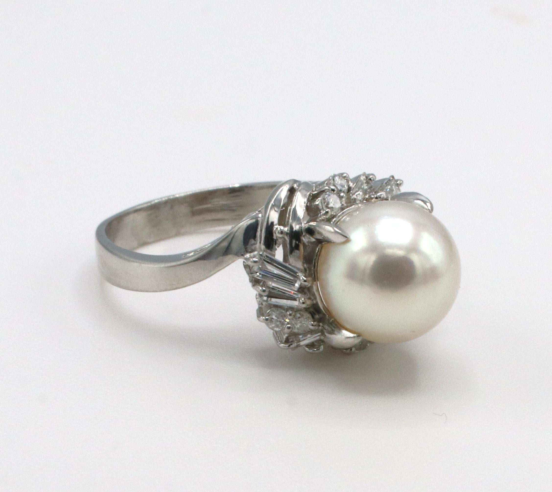 Modern Platinum Cultured Pearl & Natural Diamond Cocktail Ring