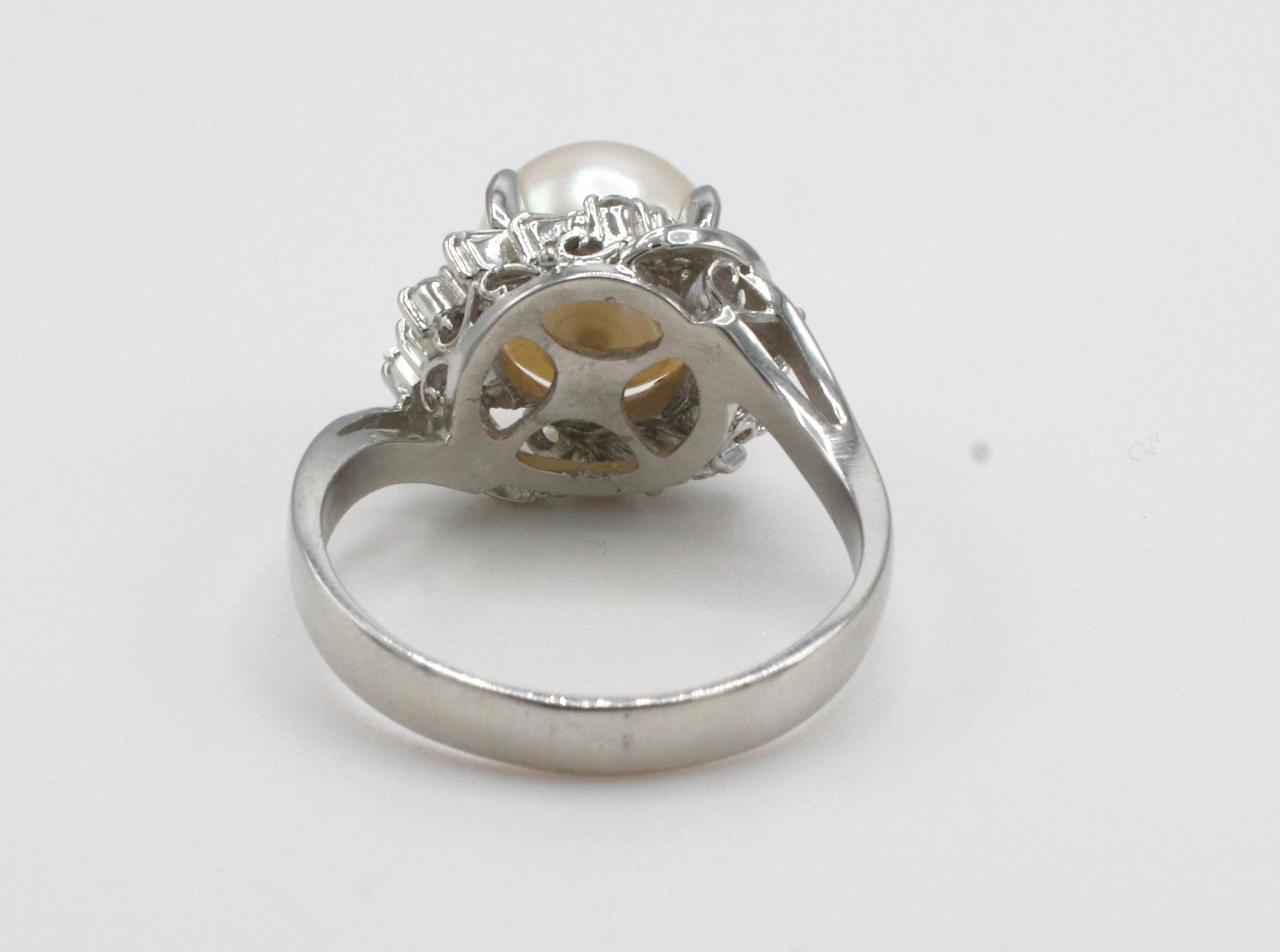 Round Cut Platinum Cultured Pearl & Natural Diamond Cocktail Ring