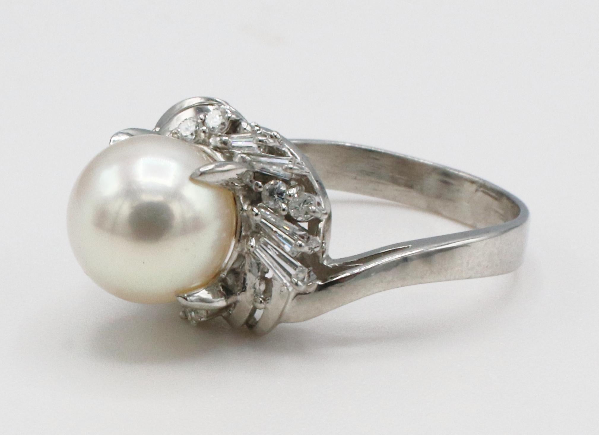 Platinum Cultured Pearl & Natural Diamond Cocktail Ring In Excellent Condition In  Baltimore, MD