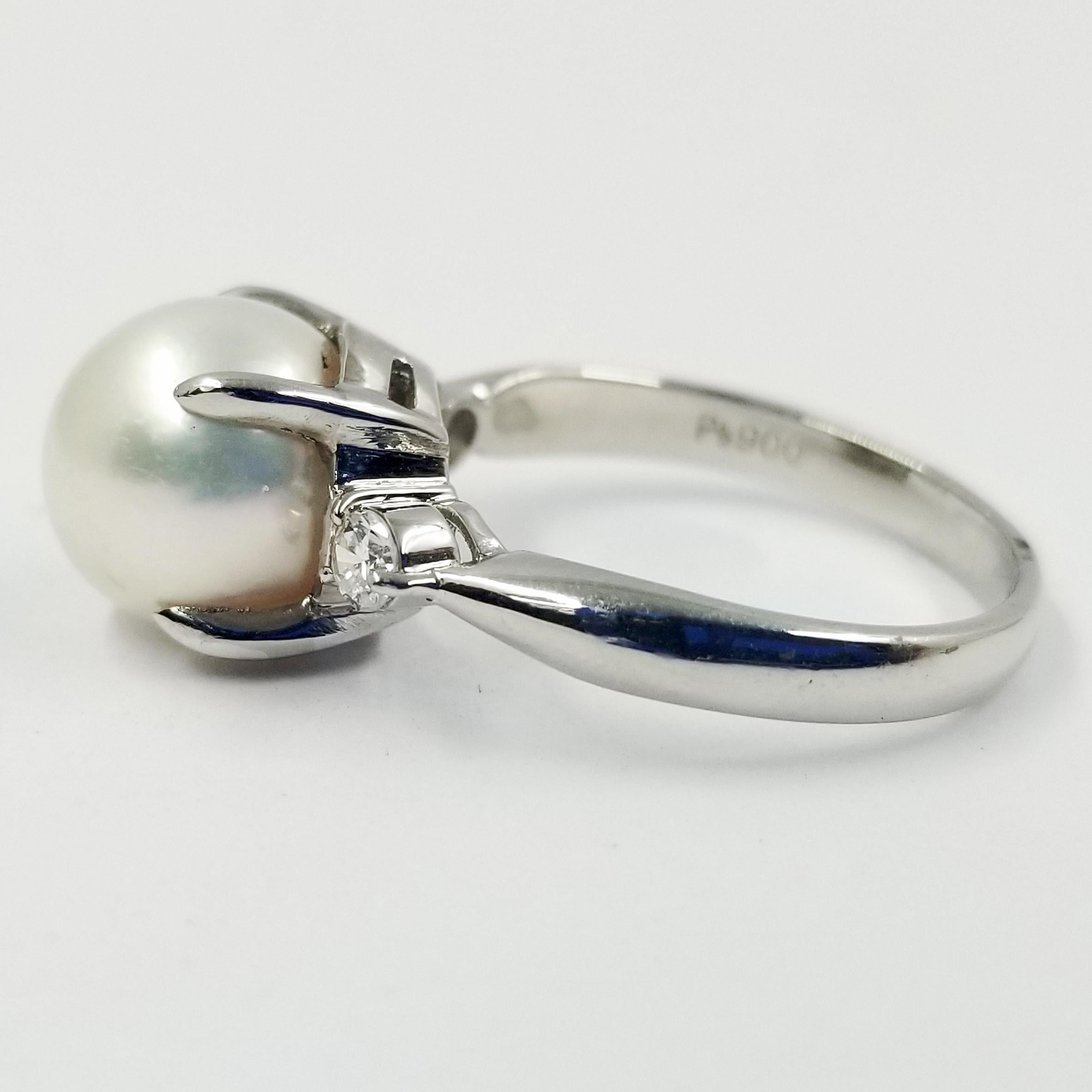 Round Cut Platinum Cultured Pearl and Diamond Ring