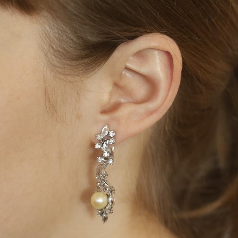 Bead Platinum Cultured Pearl & Diamond Vine Dangle Earrings - .84ctw Leaves Clip-Ons For Sale