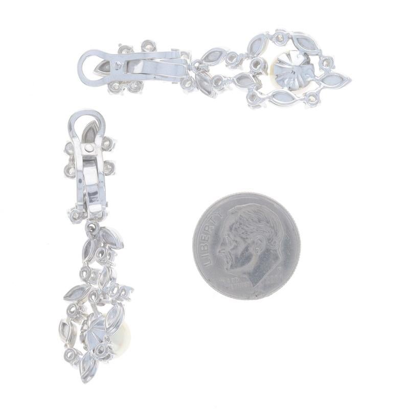 Platinum Cultured Pearl & Diamond Vine Dangle Earrings - .84ctw Leaves Clip-Ons In Excellent Condition For Sale In Greensboro, NC