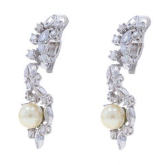 Platinum Cultured Pearl & Diamond Vine Dangle Earrings - .84ctw Leaves Clip-Ons