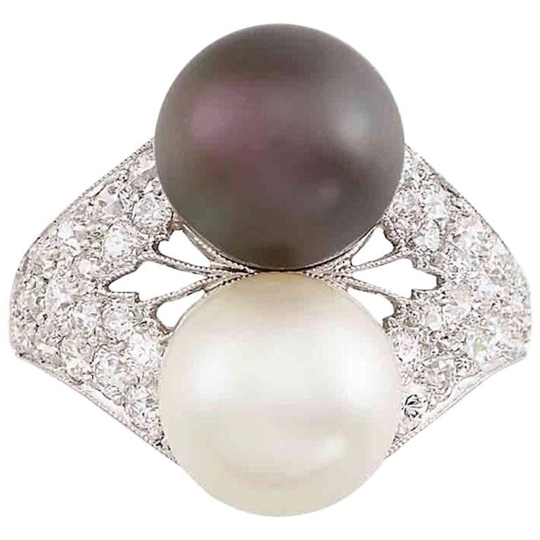 Platinum, Cultured Pearl, Tahitian Black Cultured Pearl and Diamond Ring For Sale