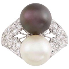 Antique Platinum, Cultured Pearl, Tahitian Black Cultured Pearl and Diamond Ring