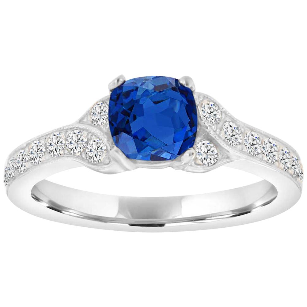 Platinum Cushion Blue Sapphire and Diamond Milgrain Ring Center, 1.25 Carat