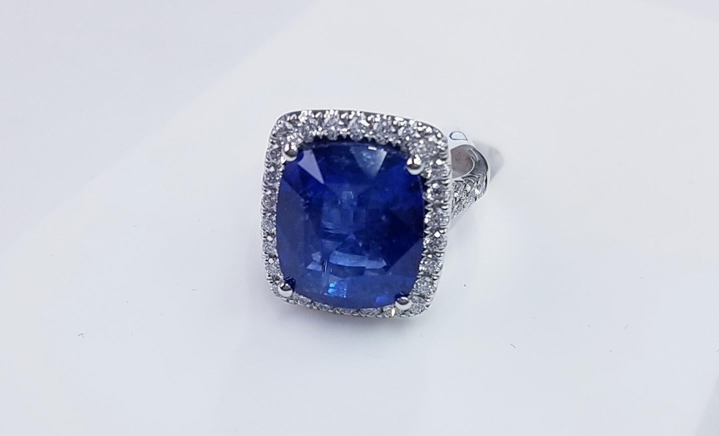 Contemporary Platinum Cushion Cut 11.06 Carat Blue Sapphire & Diamond Ring #17408(GIA CERT.) For Sale