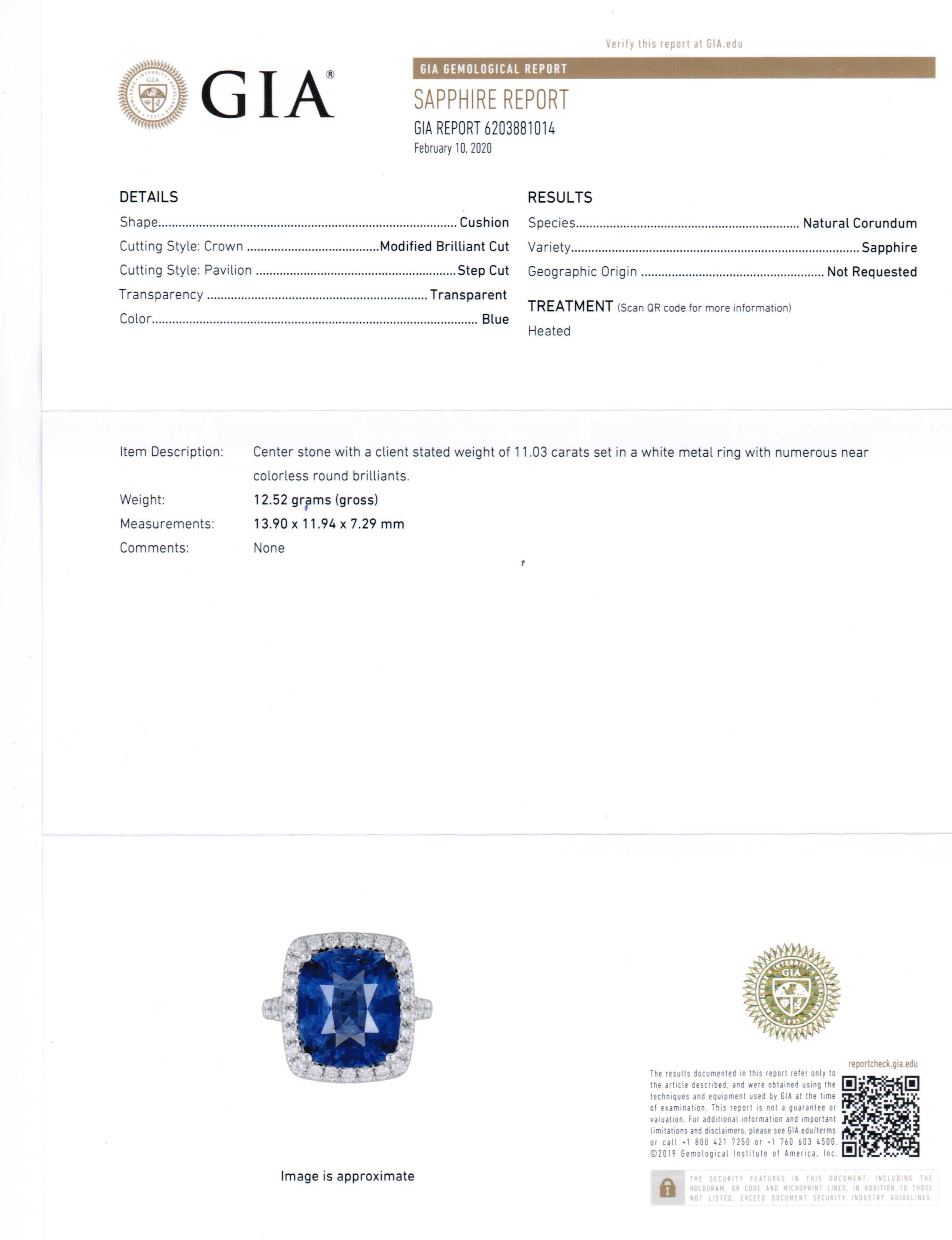 Women's or Men's Platinum Cushion Cut 11.06 Carat Blue Sapphire & Diamond Ring #17408(GIA CERT.) For Sale