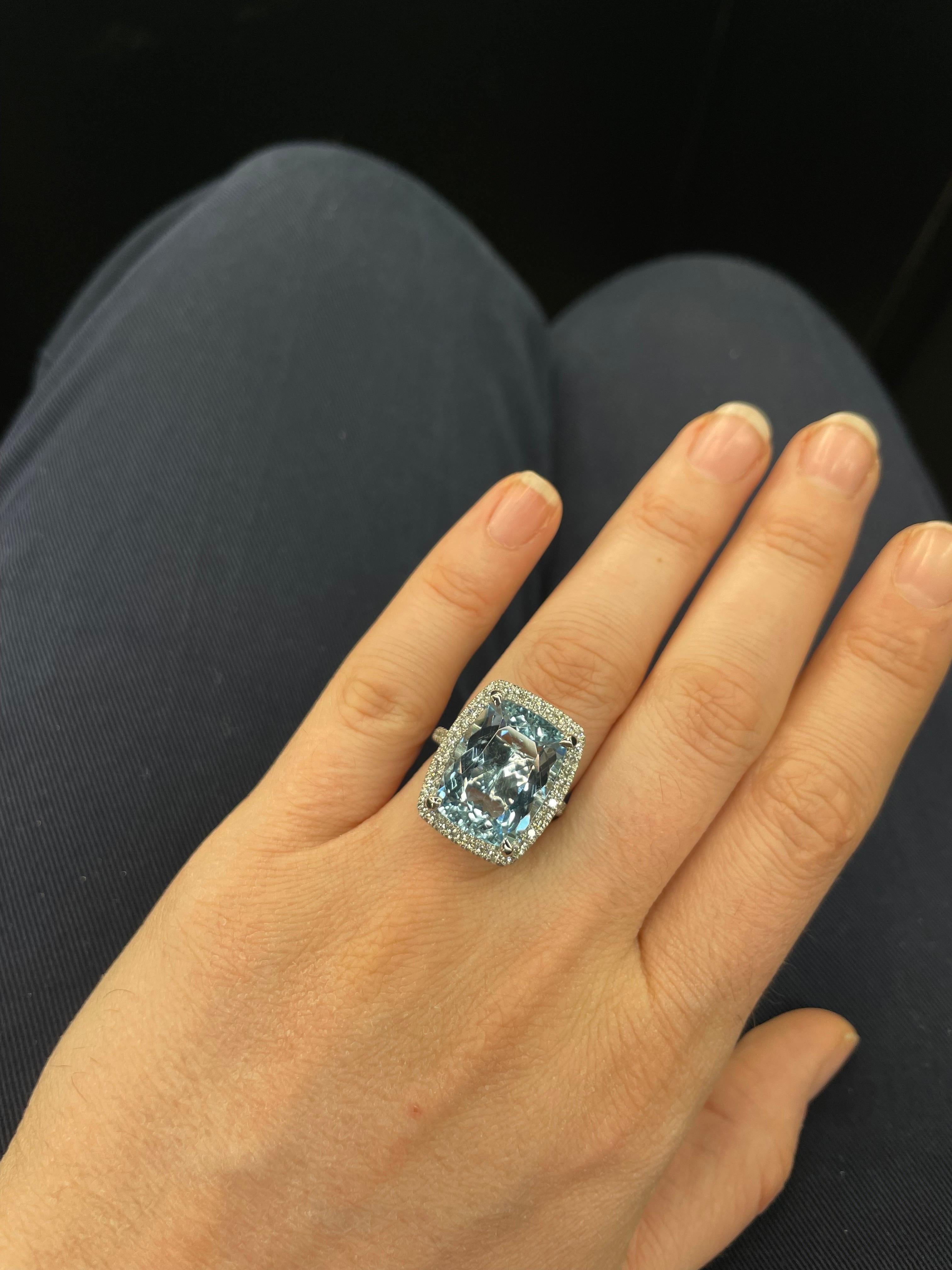 Platinum Cushion Cut Aquamarine Diamond Halo Cocktail Ring 11.38 Carats  For Sale 5