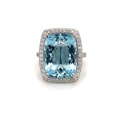 Platinum Cushion Cut Aquamarine Diamond Halo Cocktail Ring 11.38 Carats
