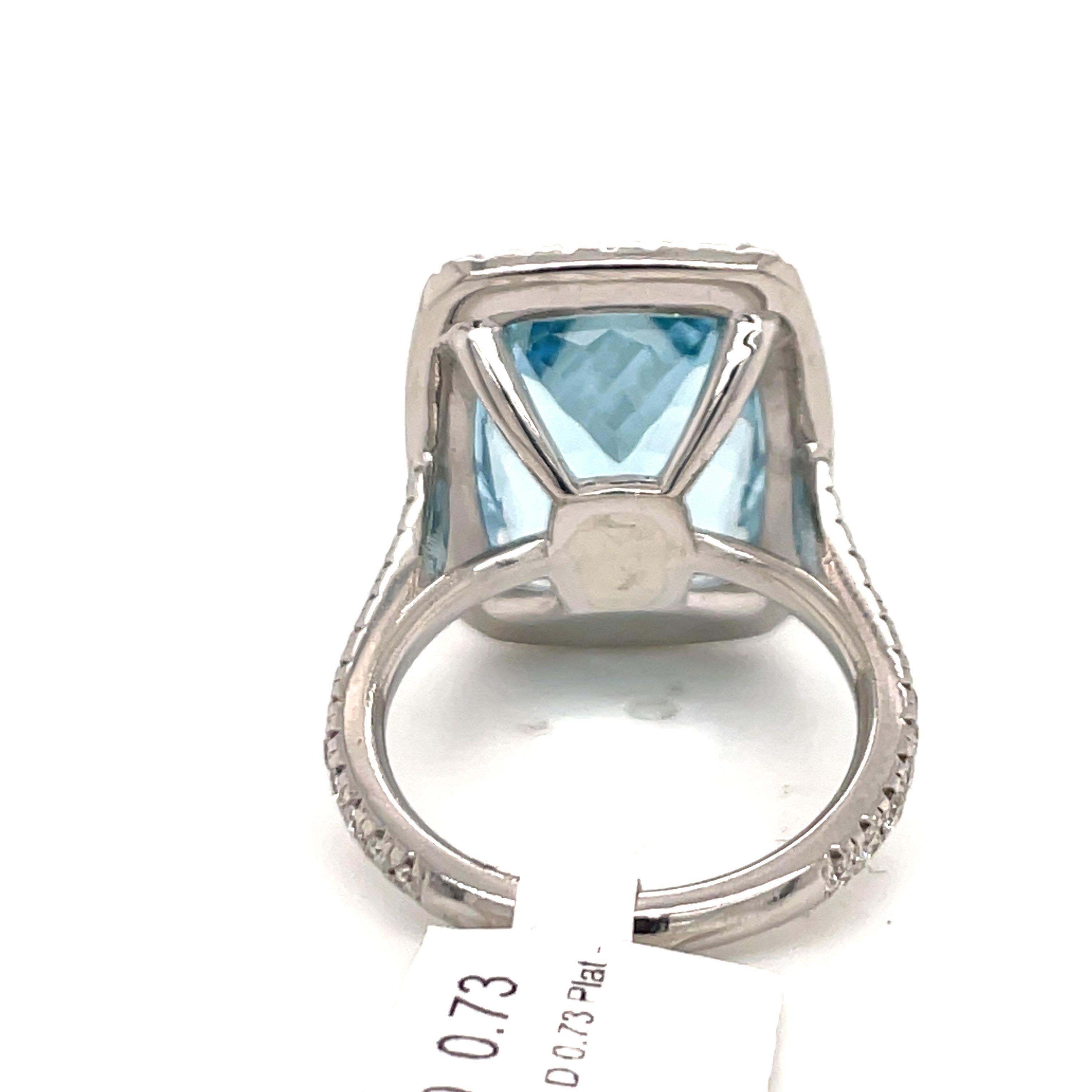 Women's Platinum Cushion Cut Aquamarine Diamond Halo Cocktail Ring 11.38 Carats  For Sale