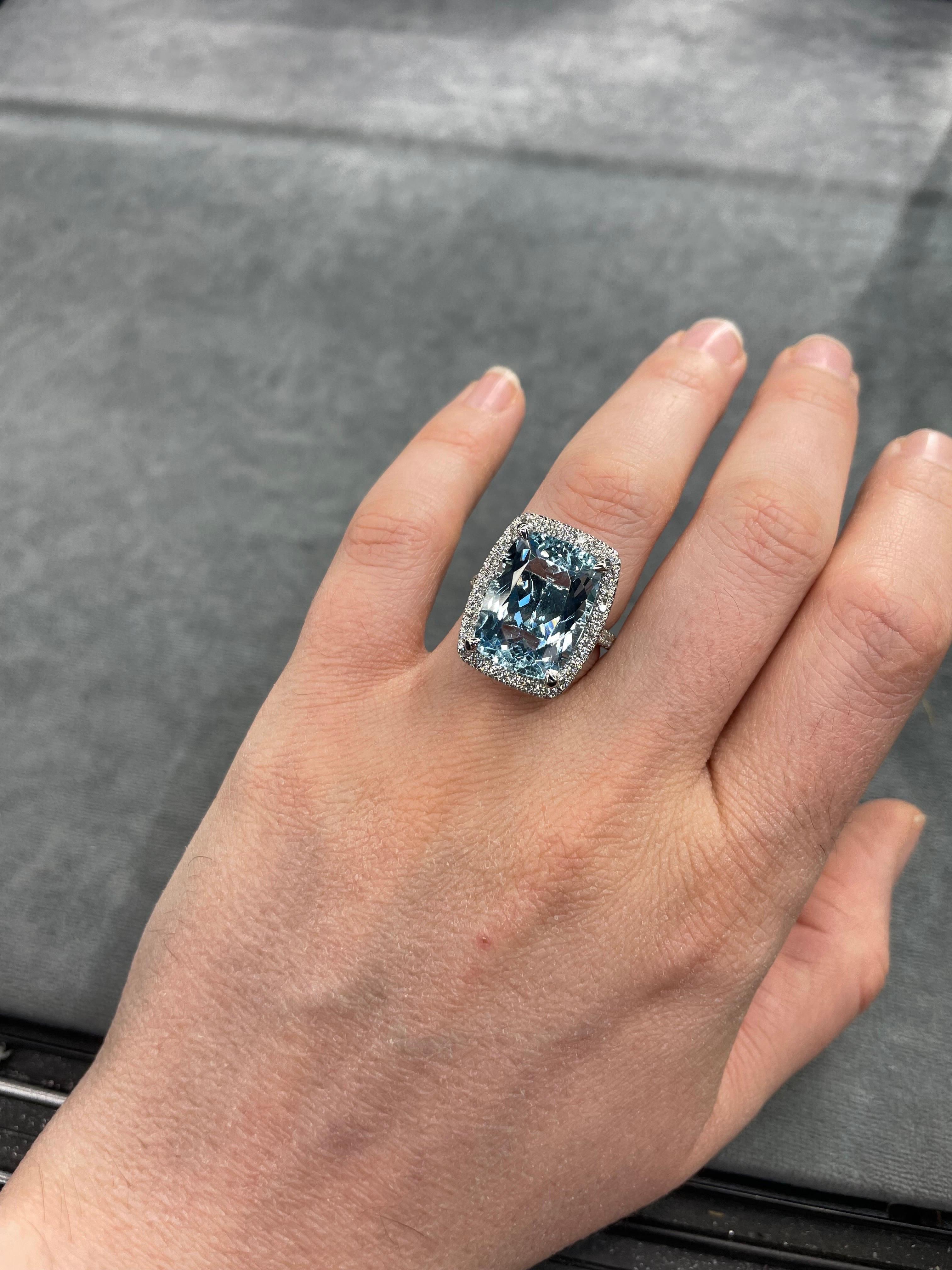 Platinum Cushion Cut Aquamarine Diamond Halo Cocktail Ring 11.38 Carats For Sale 1