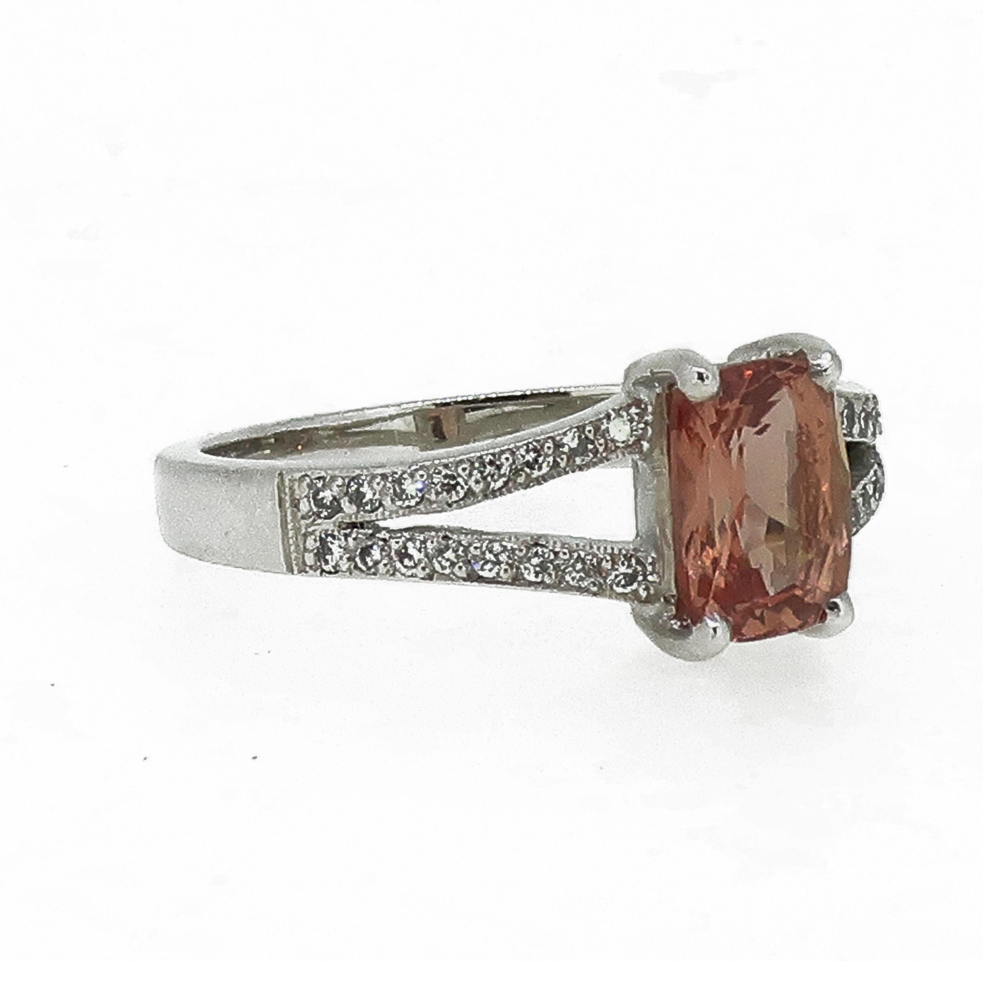 Contemporary Platinum Cushion Cut Pale Pink Sapphire and Diamond Ring