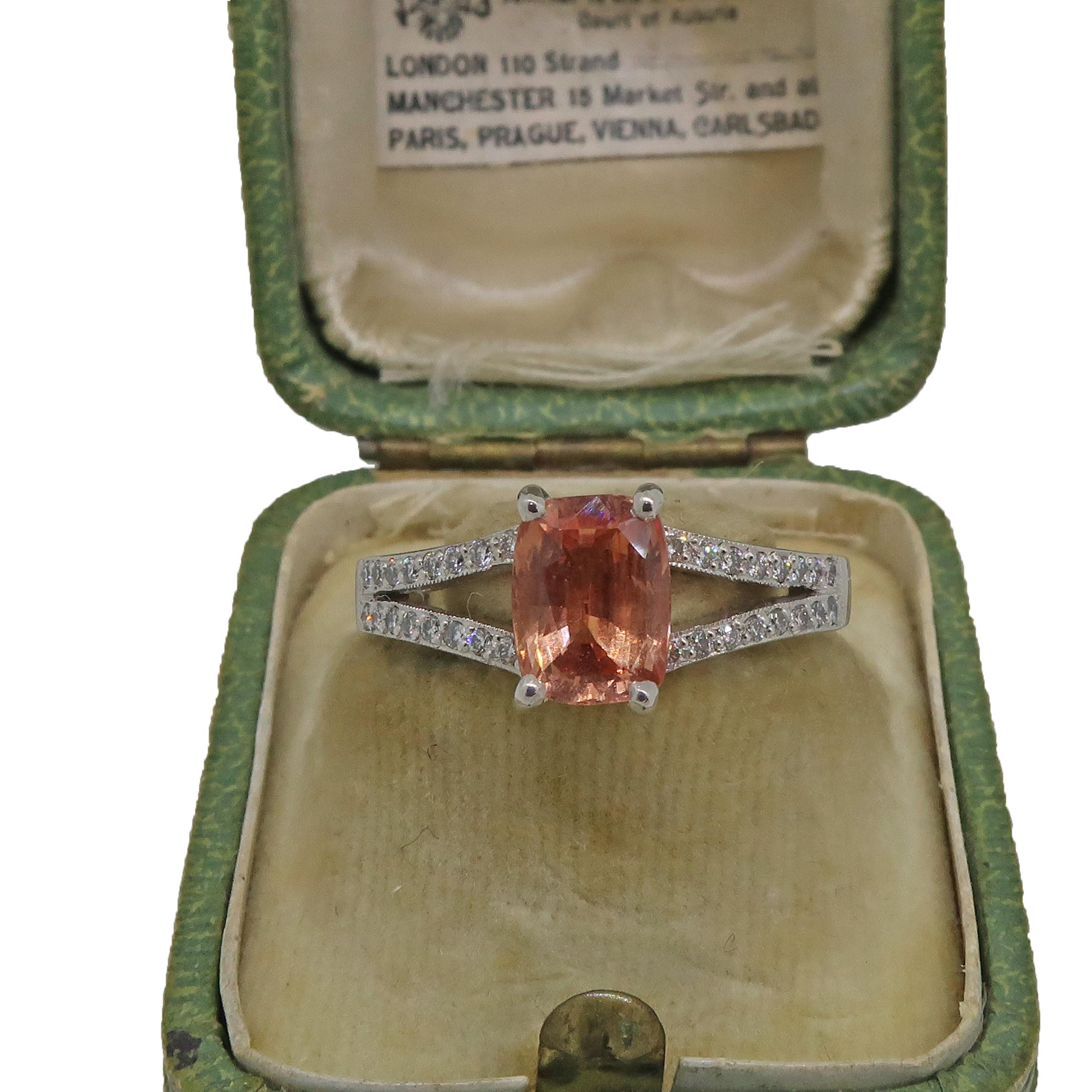 Platinum Cushion Cut Pale Pink Sapphire and Diamond Ring In New Condition In East Grinstead, GB