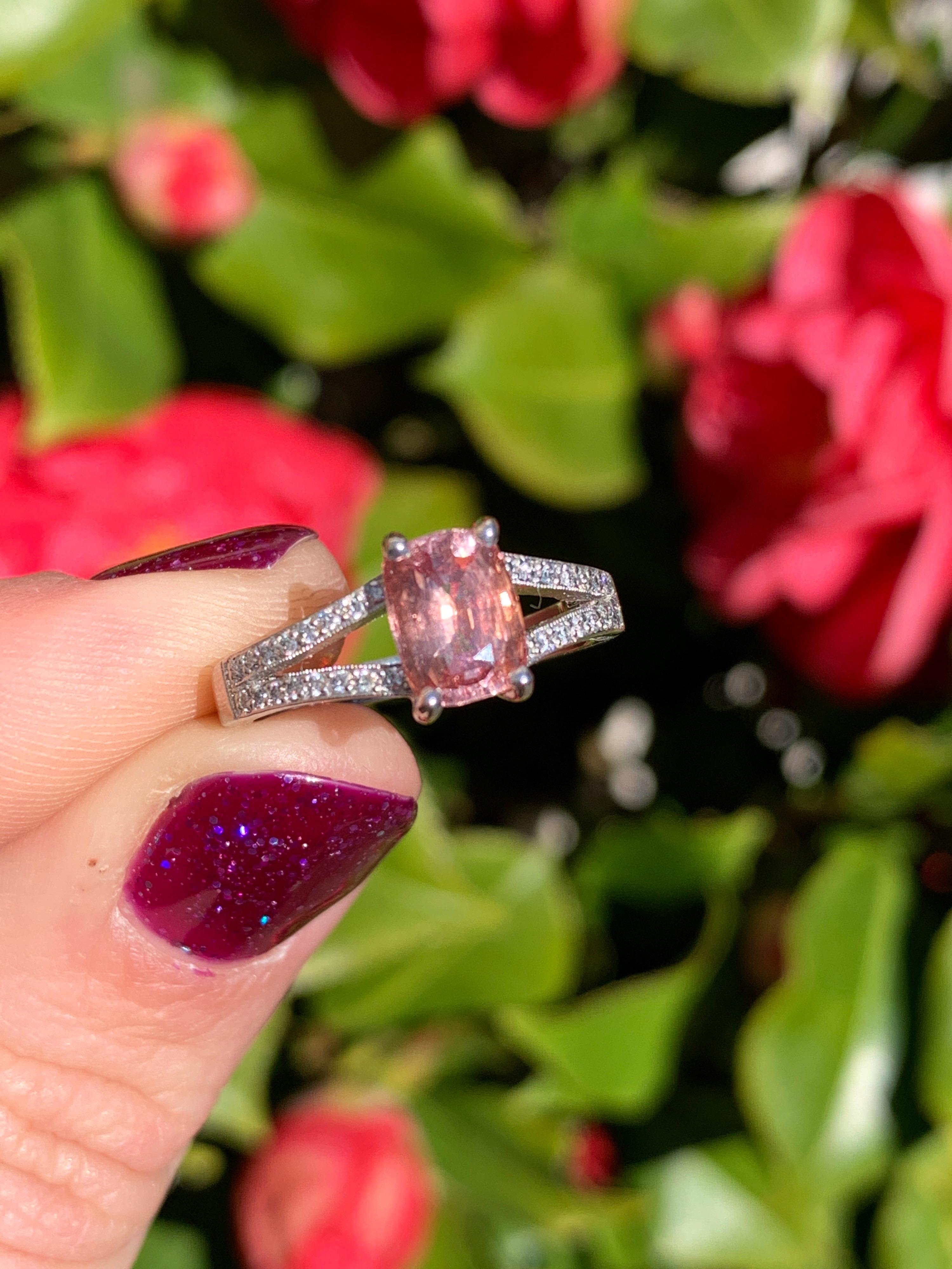 Women's Platinum Cushion Cut Pale Pink Sapphire and Diamond Ring