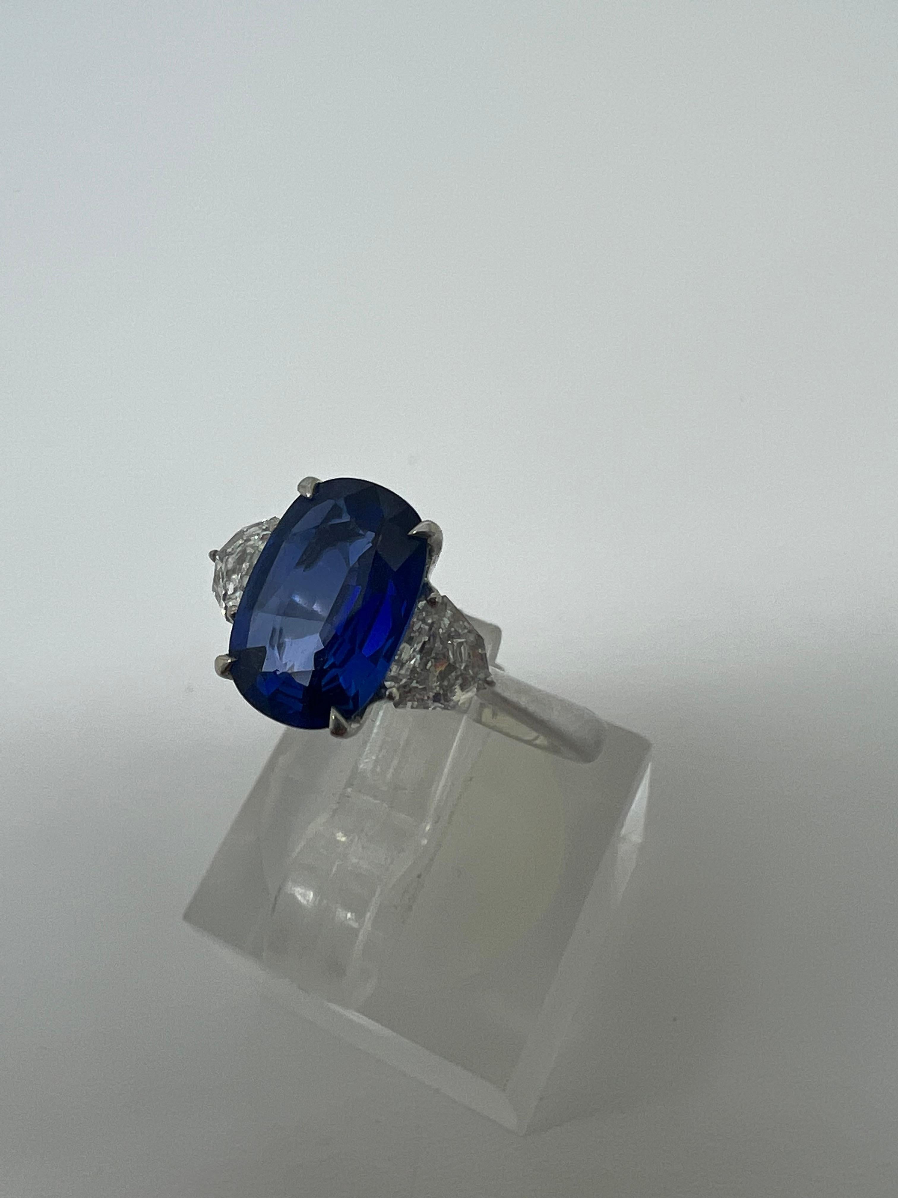 Art Deco Platinum Cushion Sapphire Shield Cut Diamond Ring For Sale