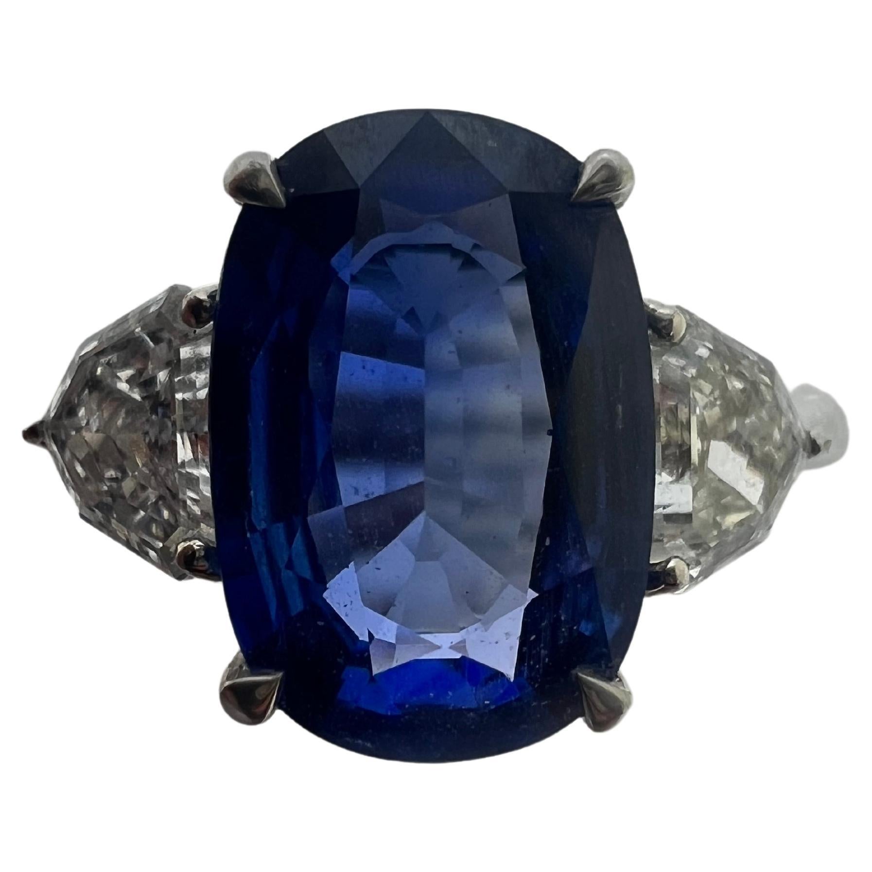 Platinum Cushion Sapphire Shield Cut Diamond Ring For Sale