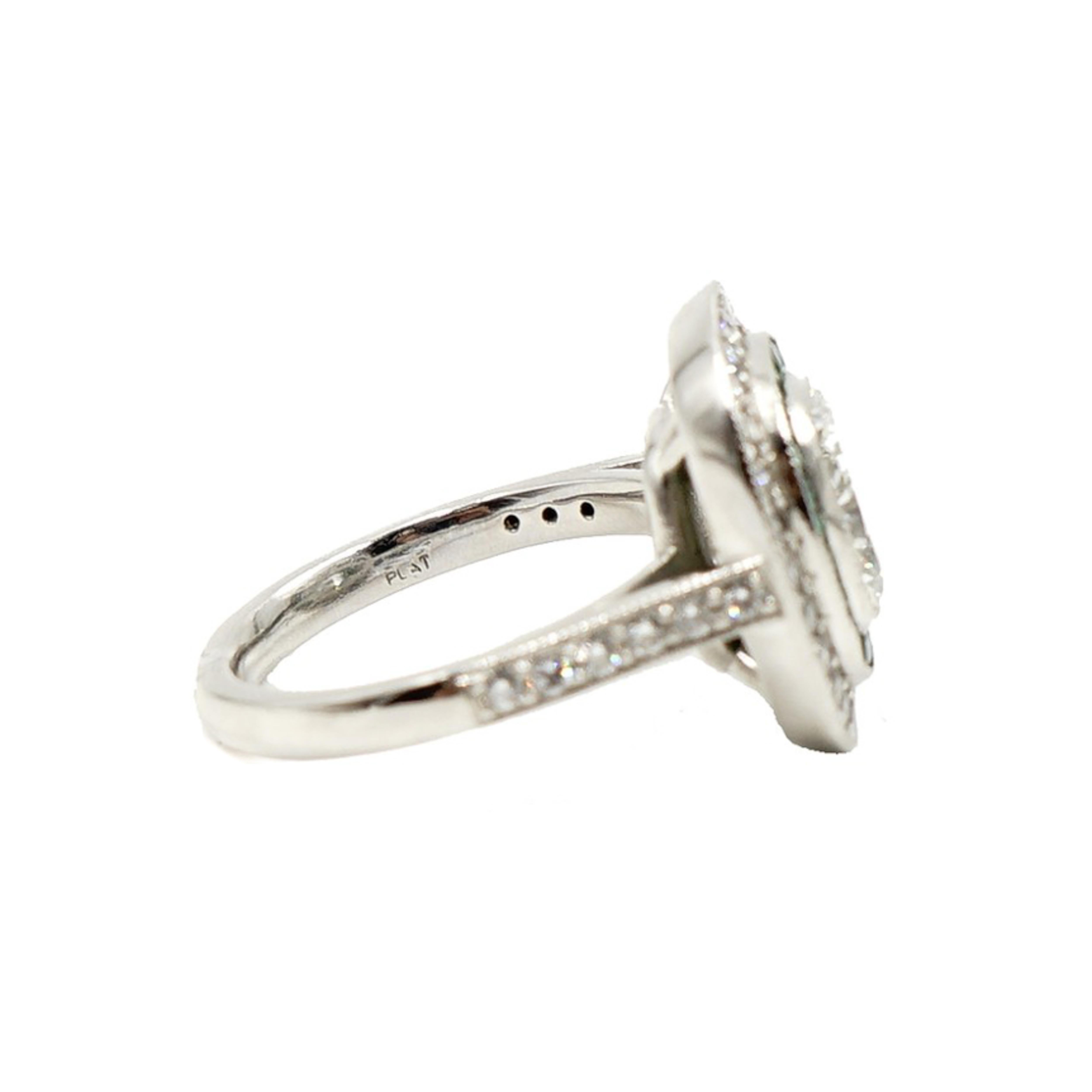 Art Deco Platinum Cushion Shaped Diamond and Emerald Ring