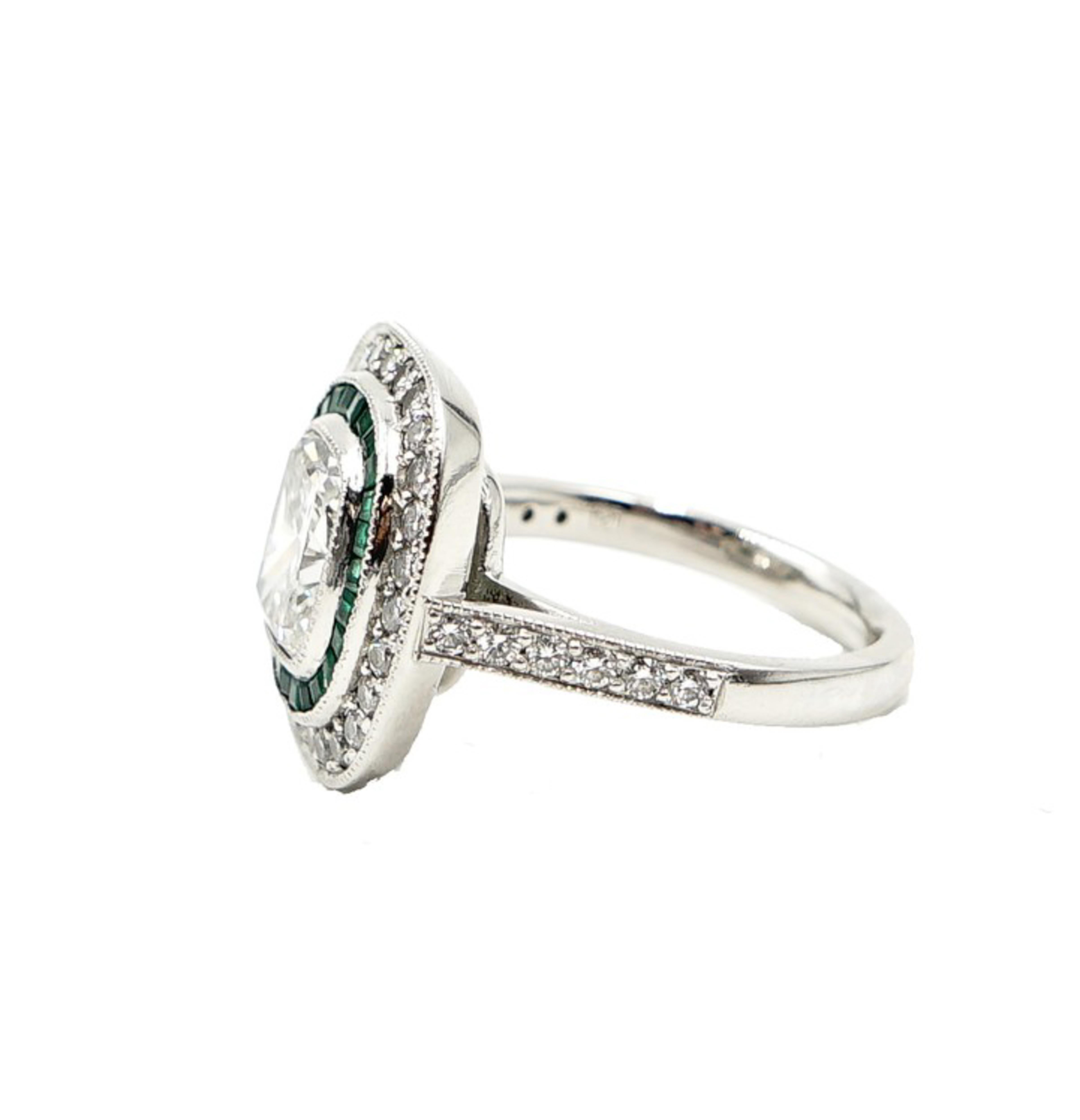 Platinum Cushion Shaped Diamond and Emerald Ring In Good Condition In Greenwich, CT