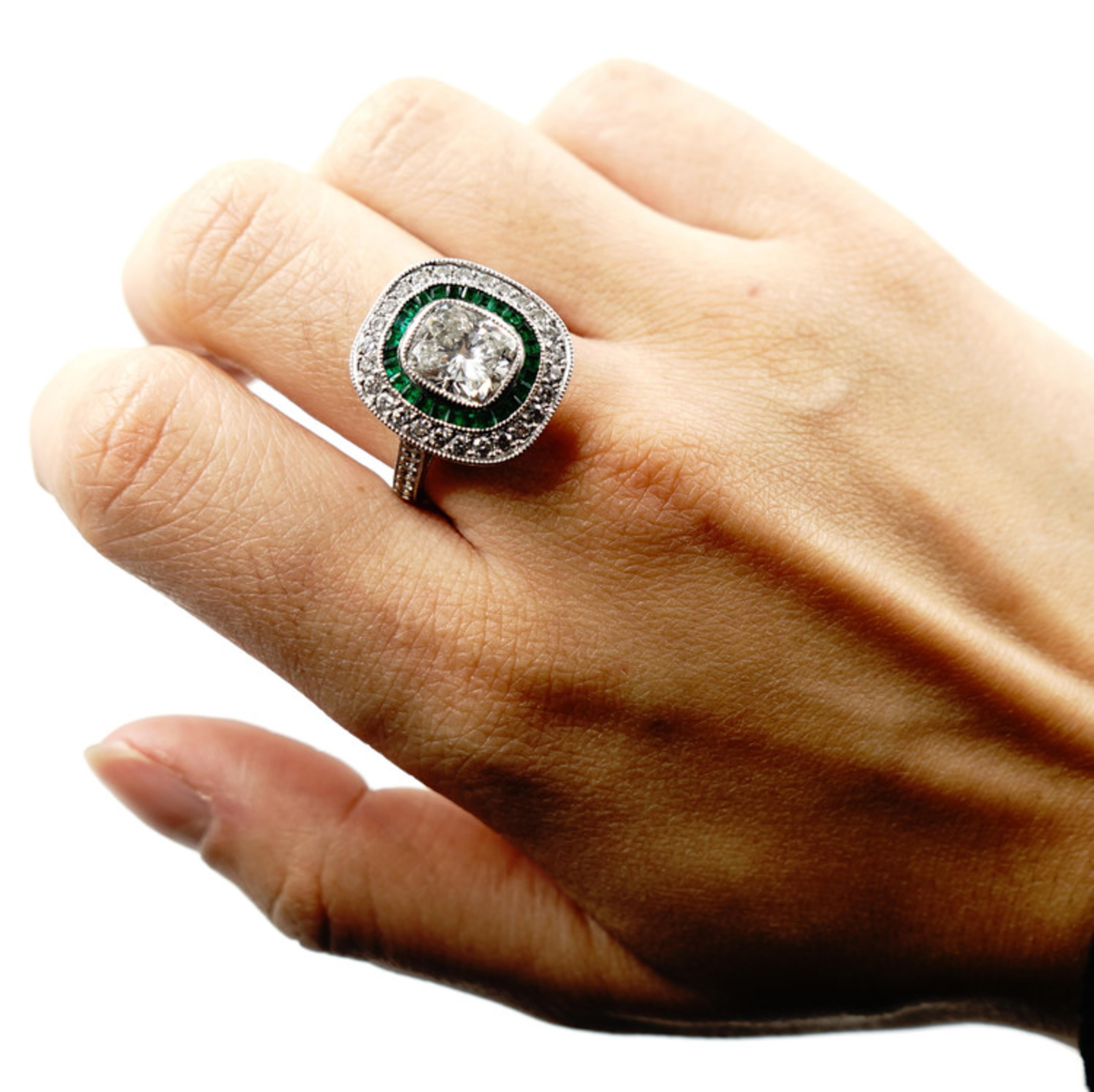 Women's Platinum Cushion Shaped Diamond and Emerald Ring