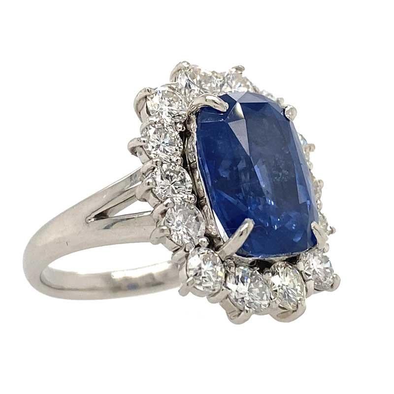 STYLE / REFERENCE: Classic Design
METAL / MATERIAL: Platinum
CIRCA / YEAR: Contemporary
CENTER STONE / WEIGHT: Cushion Cut Natural Blue Sapphire 6.83cts
ACCENT STONES:  Round Brilliant Cut Diamonds 2.01cts Total Weight
QUALITY: H/I Color  SI