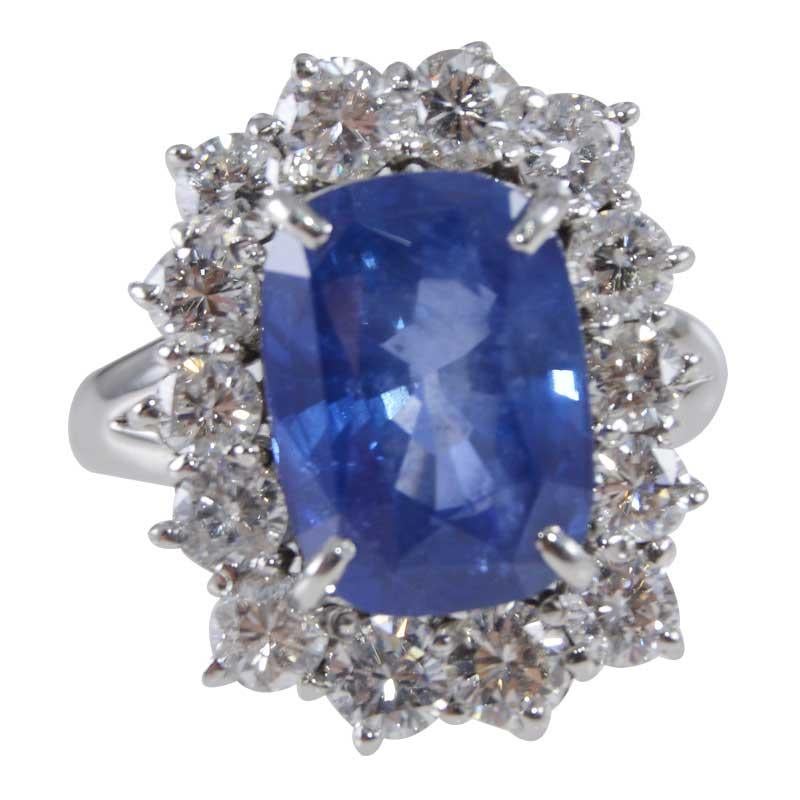 Platinum Custom Made Cushion Cut Blue Sapphire 6.83cts and Diamond Estate Ring In Excellent Condition In Long Beach, CA