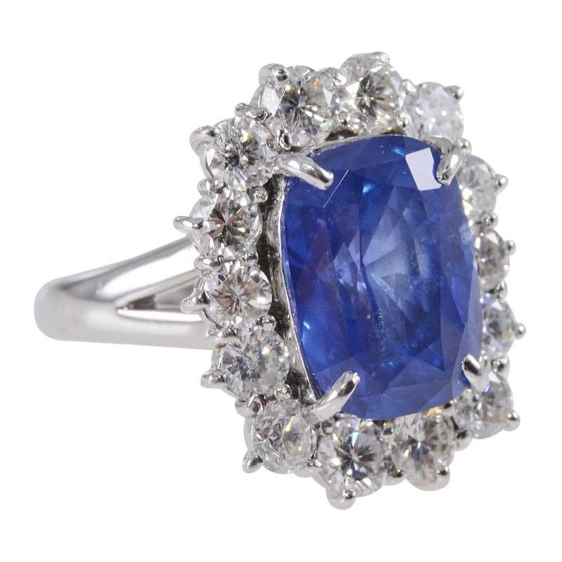 Women's Platinum Custom Made Cushion Cut Blue Sapphire 6.83cts and Diamond Estate Ring