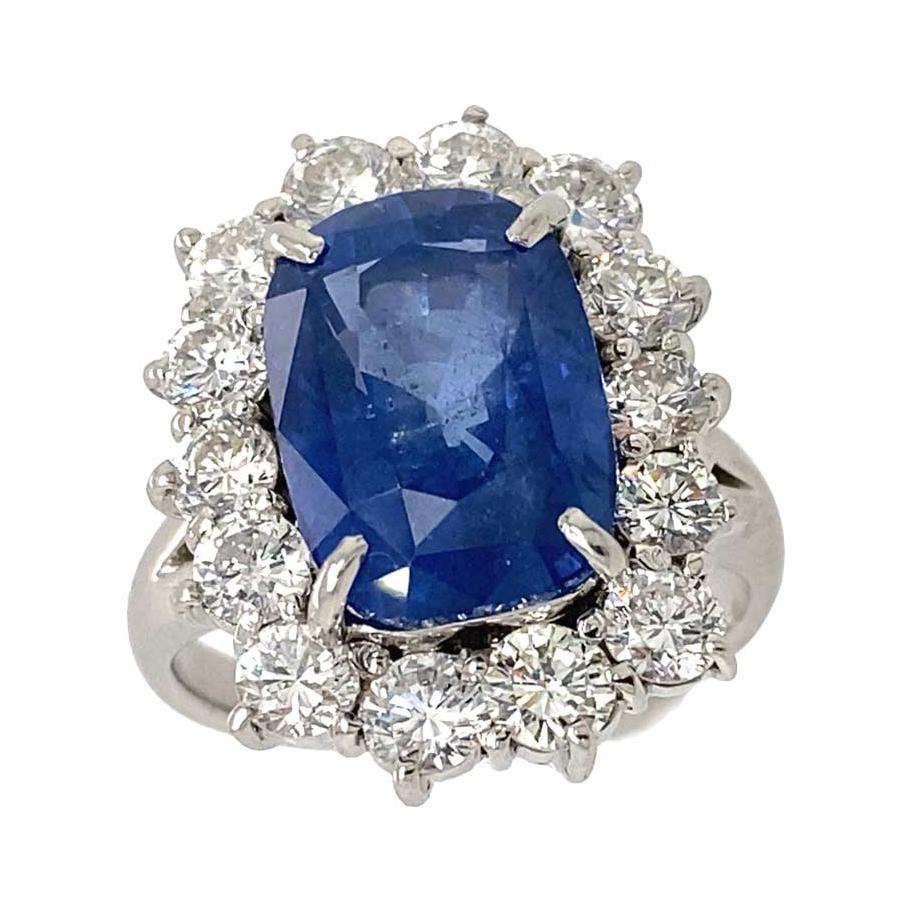 Platinum Custom Made Cushion Cut Blue Sapphire 6.83cts and Diamond Estate Ring