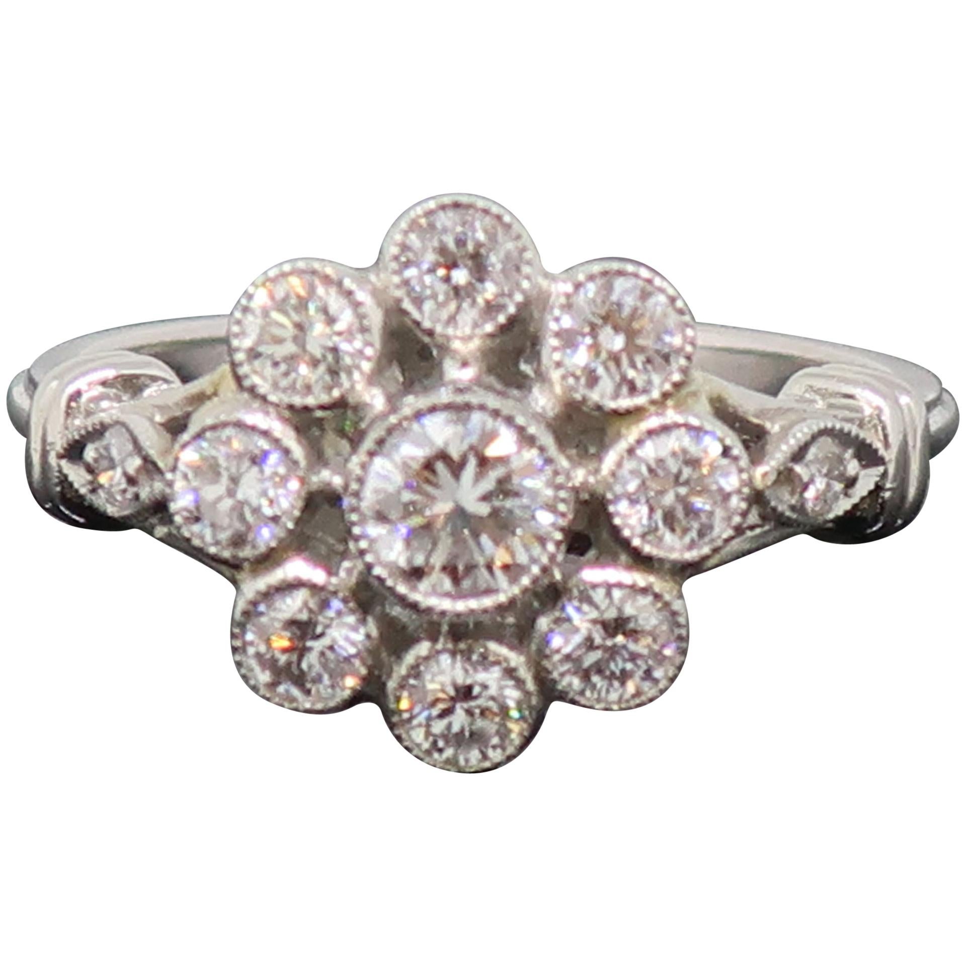 Platinum Daisy Brilliant Cut Diamond Art Deco Style Cluster Ring