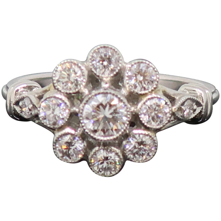 Platinum Daisy Brilliant Cut Diamond Art Deco Style Cluster Ring For Sale