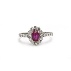 Platinum Daisy Ring with Ruby Center and Diamond Halo