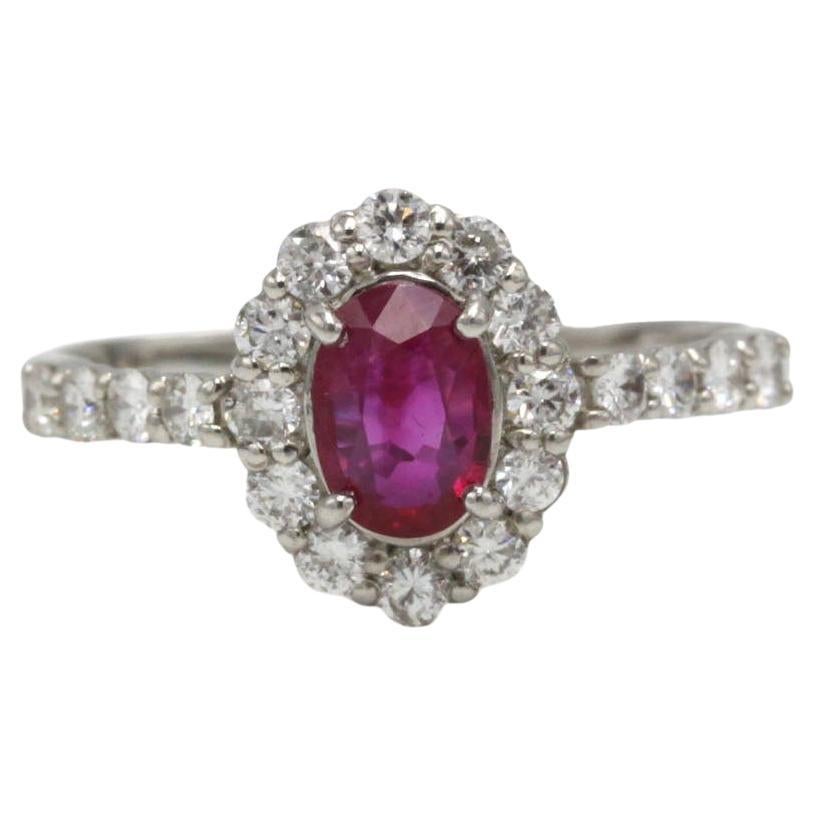 Platinum Daisy Ring with Ruby Center and Diamond Halo