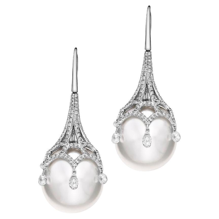 Platinum Dangle Pearl and South Sea Pearl Diamond Earrings