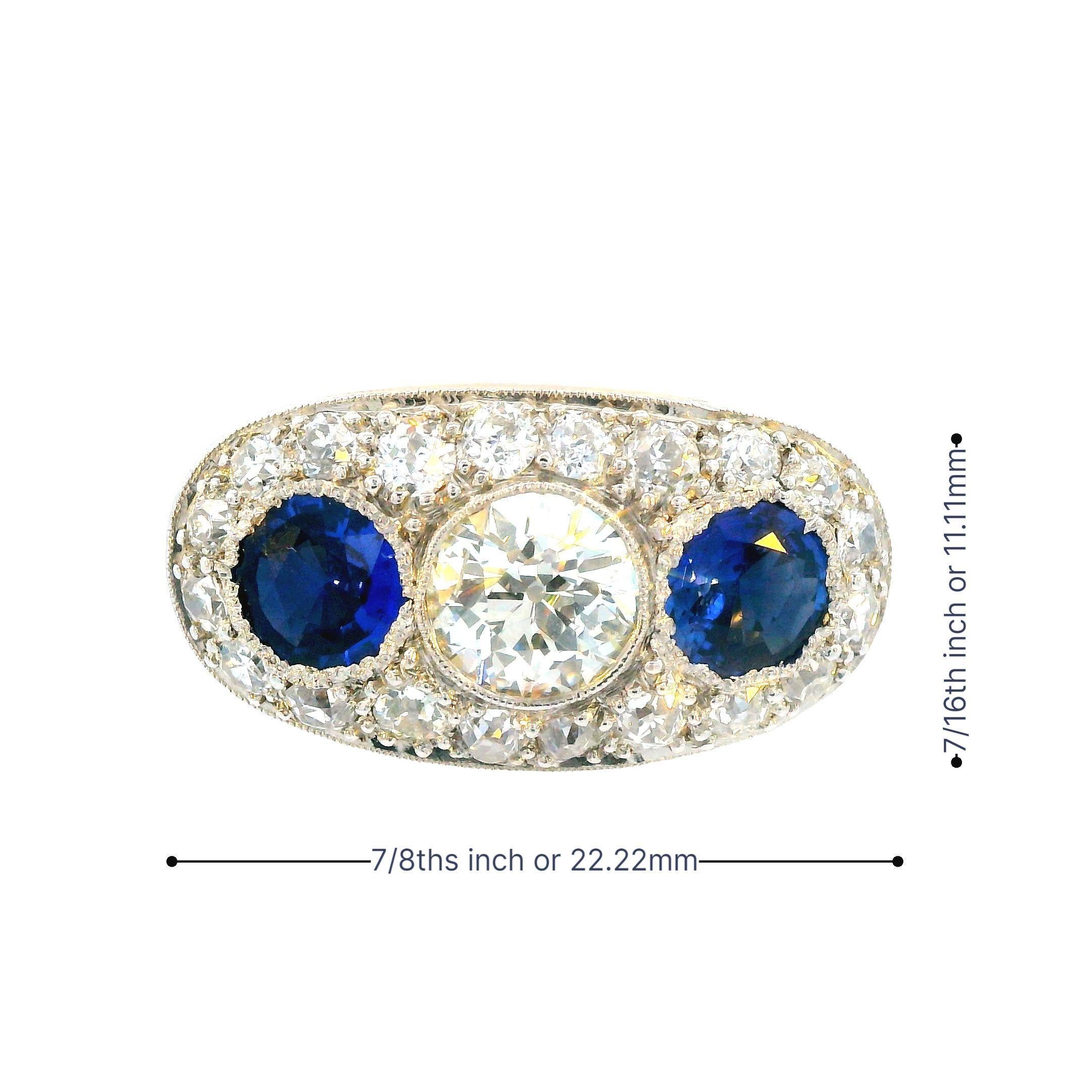 Platinum Deco Diamond and Blue Sapphire 3 Stone Ring For Sale 5
