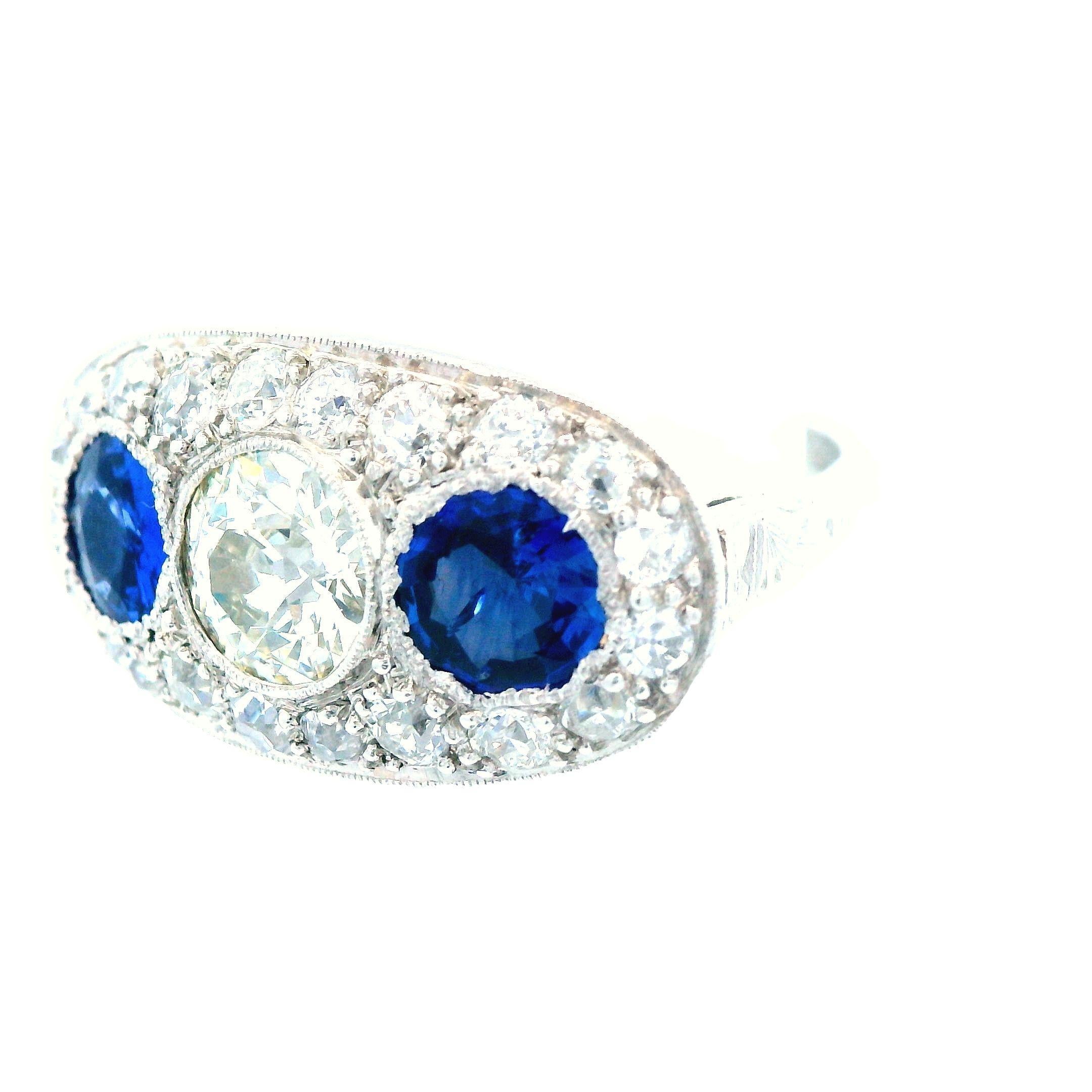Platinum Deco Diamond and Blue Sapphire 3 Stone Ring In Good Condition For Sale In Lexington, KY