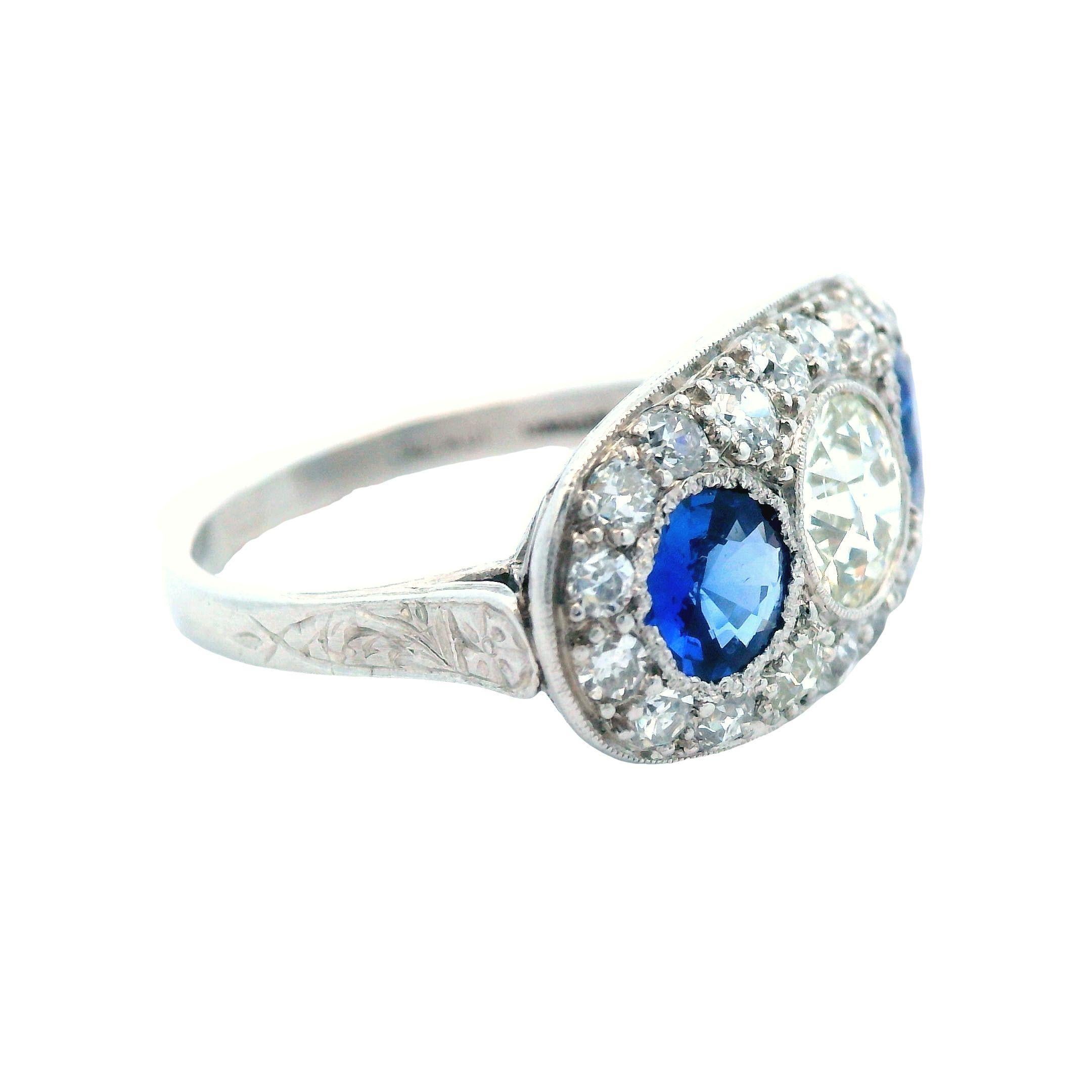 Women's Platinum Deco Diamond and Blue Sapphire 3 Stone Ring For Sale